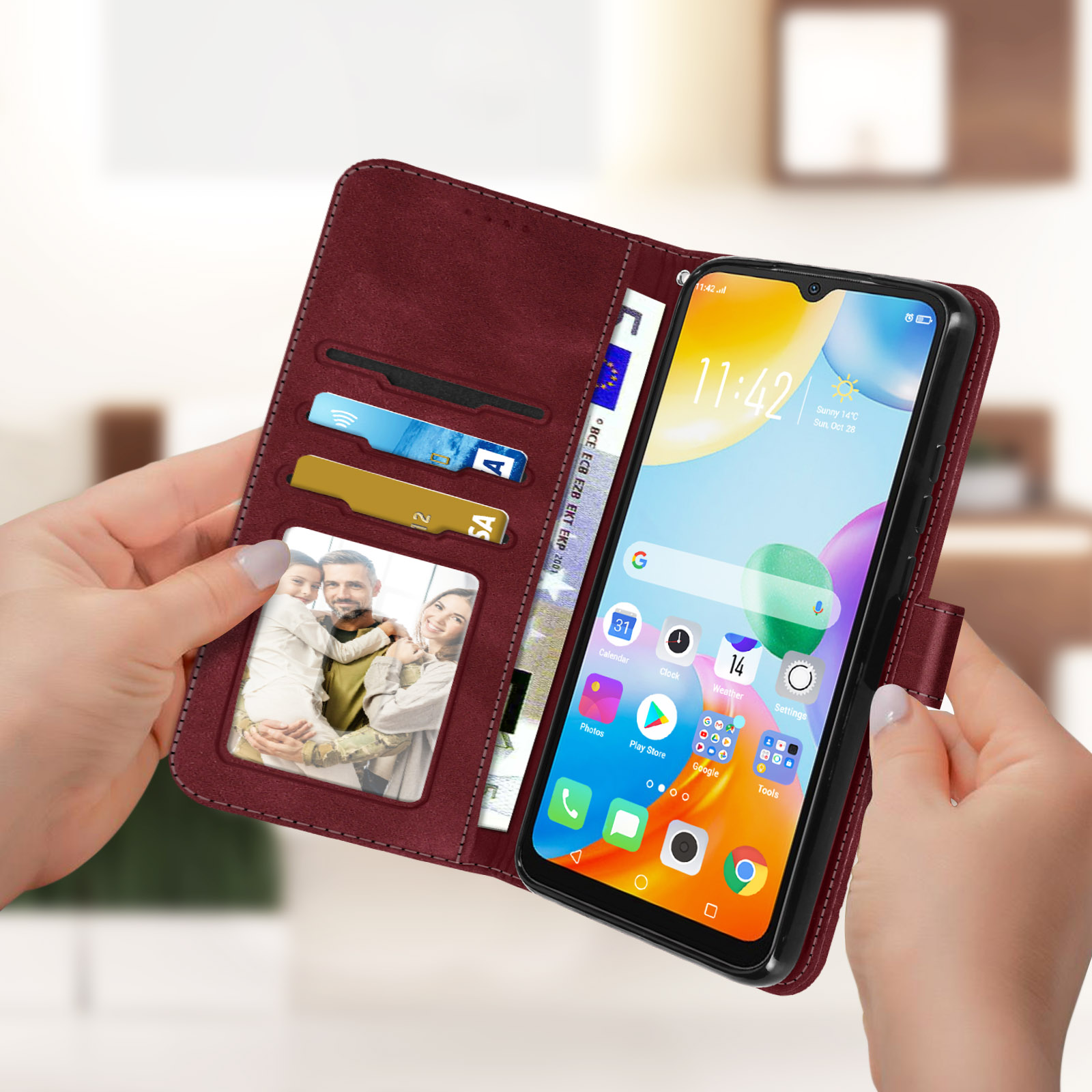 Custodia per telefono bordeaux con telefono e scomparti per carte. Mostra lo schermo e le carte.