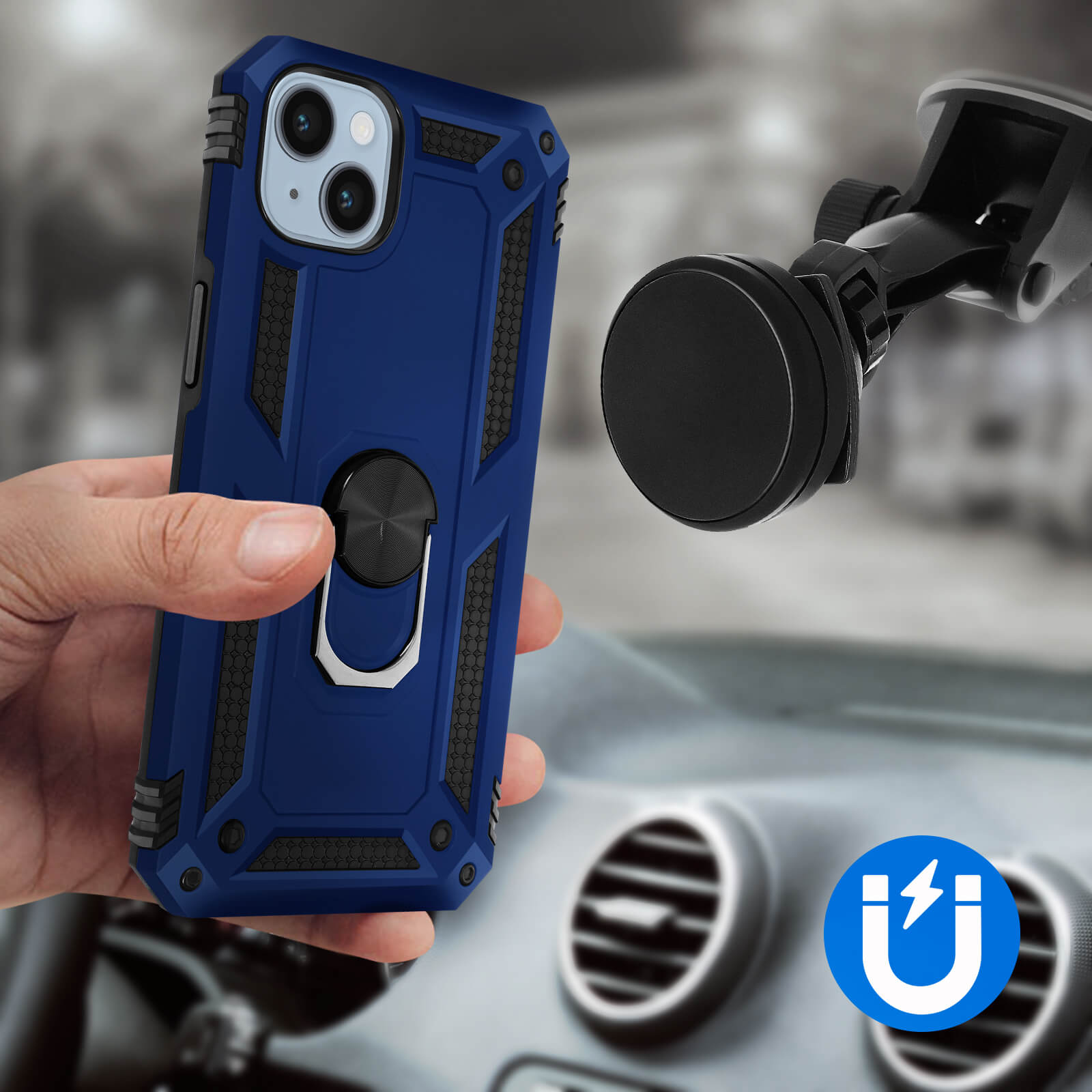 Coque de téléphone bleu foncé avec un anneau argenté et un support de voiture magnétique.
