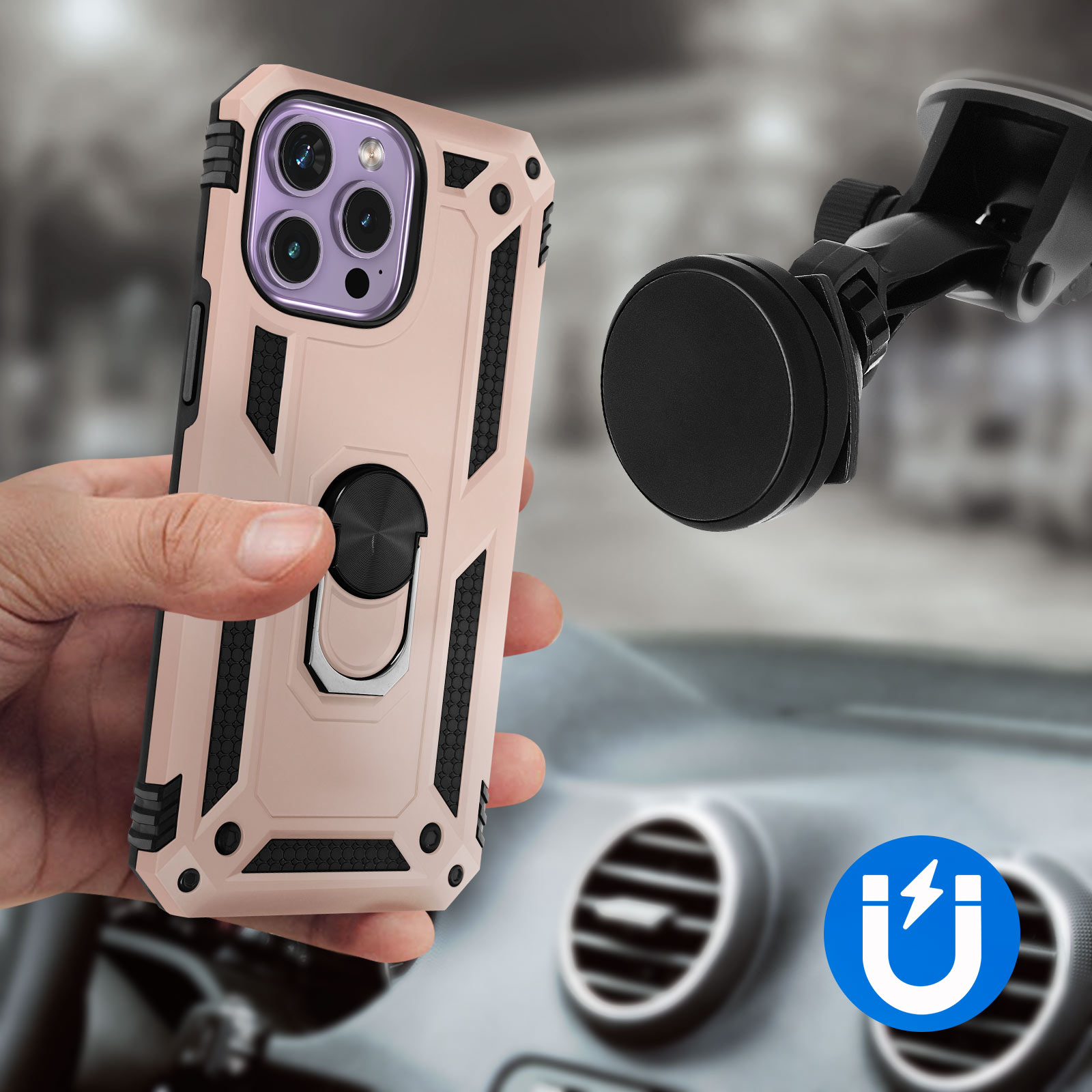 Custodia per telefono tenuta in mano accanto a una presa d'aria dell'auto. Custodia rosa e nera.