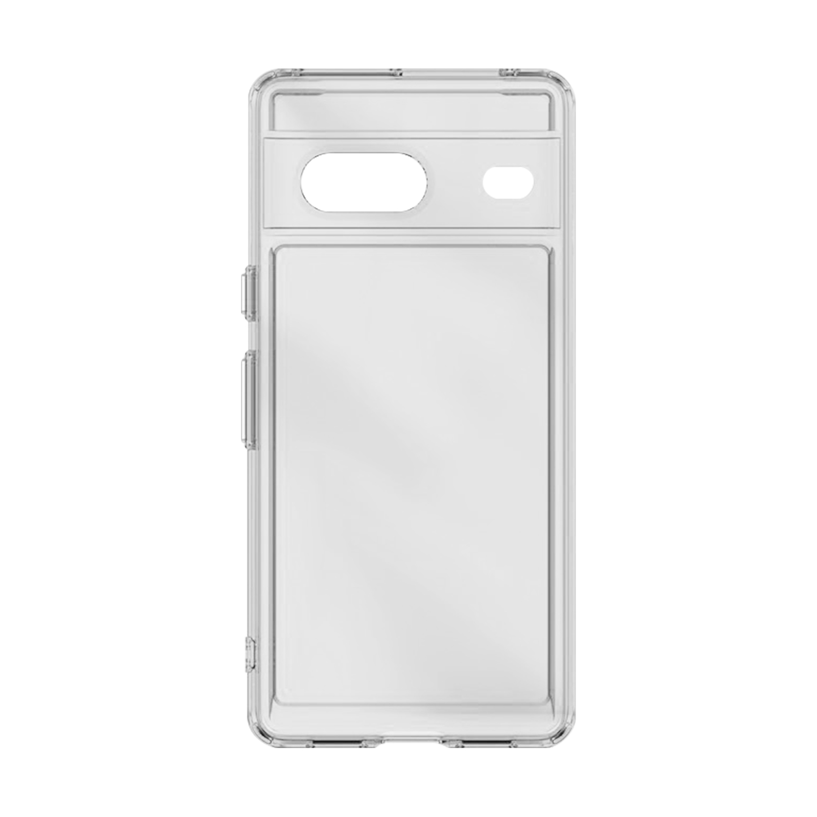 Custodia trasparente per telefono. Forma rettangolare con aperture per fotocamera e pulsanti.