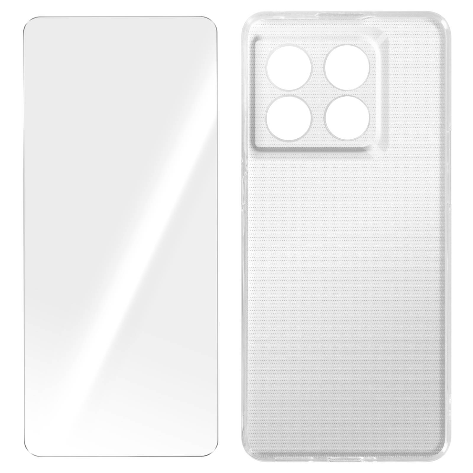 Zwei klare Displayschutzfolien für ein Telefon. Eine links, die andere rechts.