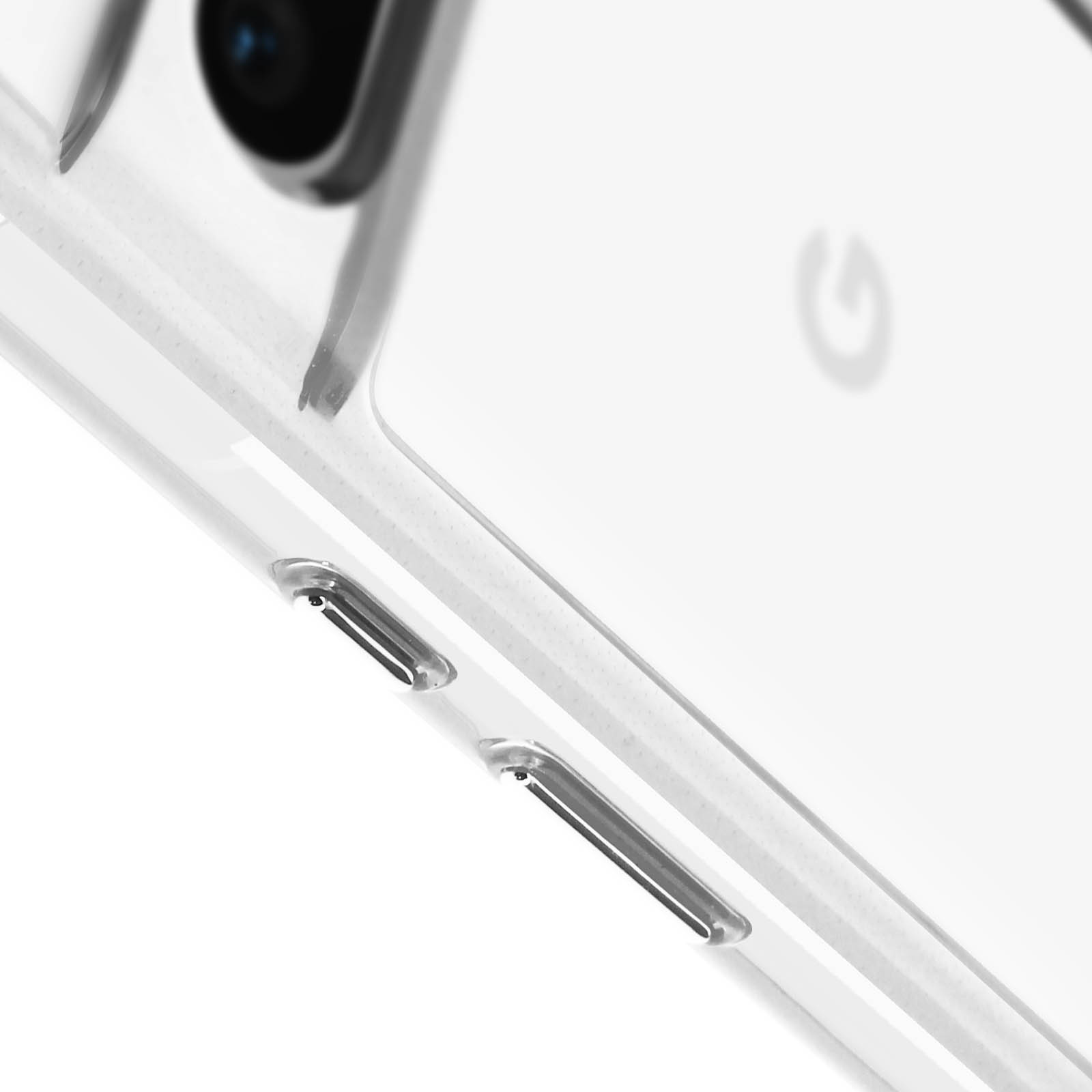 Primo piano di un telefono bianco con custodia trasparente. Tasti e obiettivo visibili. Scatto angolato, sfondo bianco.
