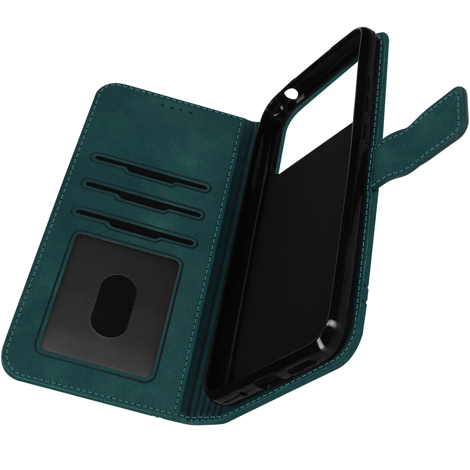 Custodia a portafoglio verde per telefono, aperta, con scomparti per carte e un telefono nero all'interno. Sfondo bianco.