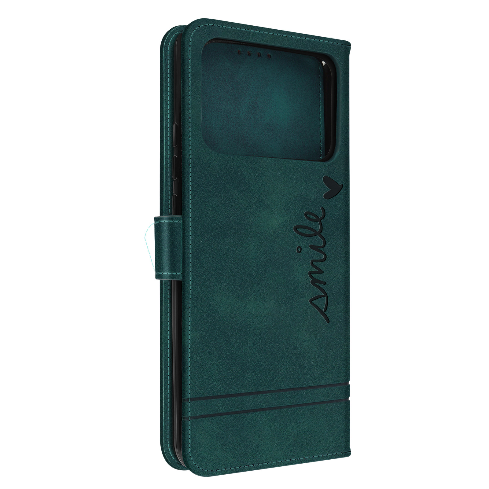 Custodia per telefono verde con una finestra per la fotocamera e la parola "smile" scritta sopra. La custodia è chiusa.