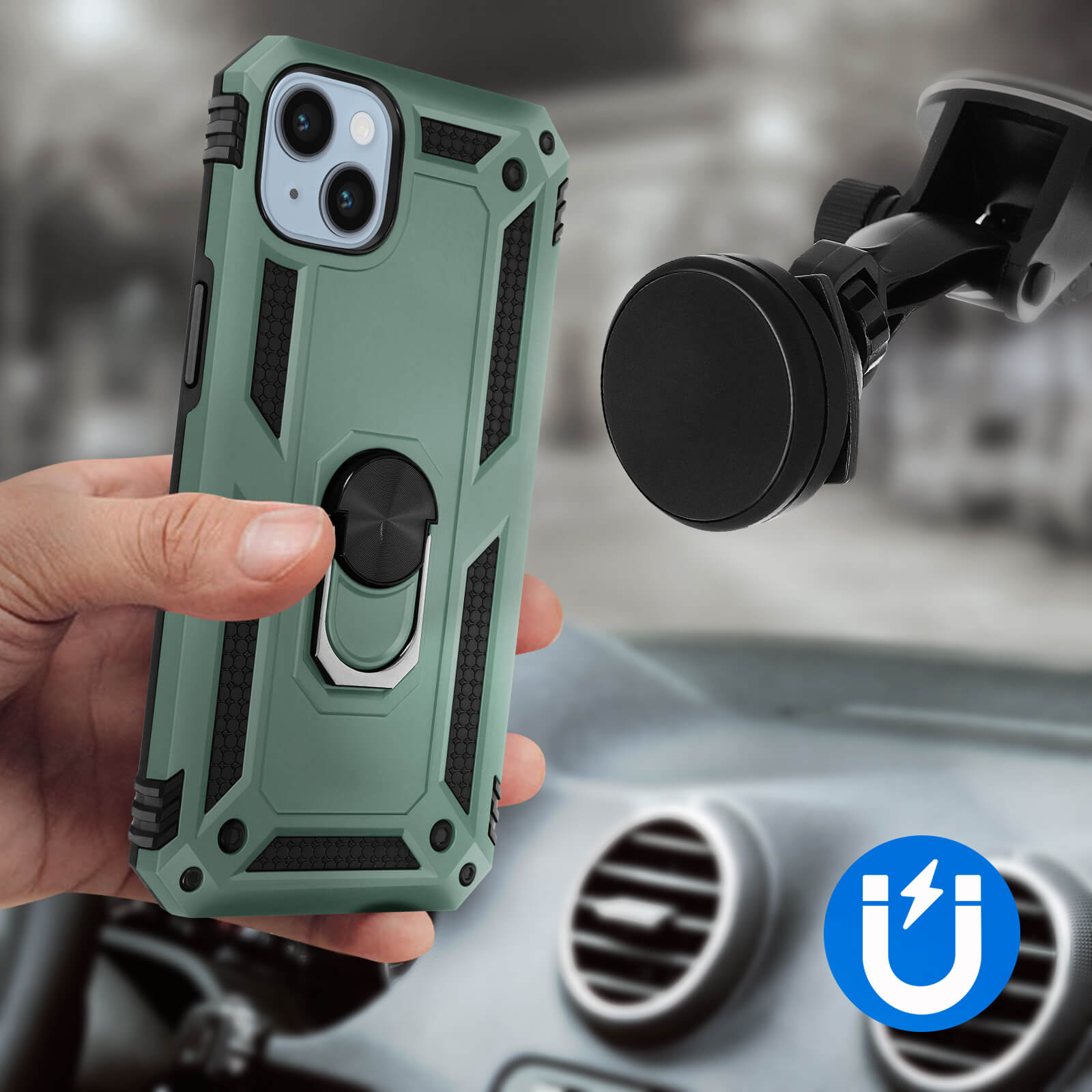 Una custodia per telefono verde con un porta anello e un supporto magnetico per auto.