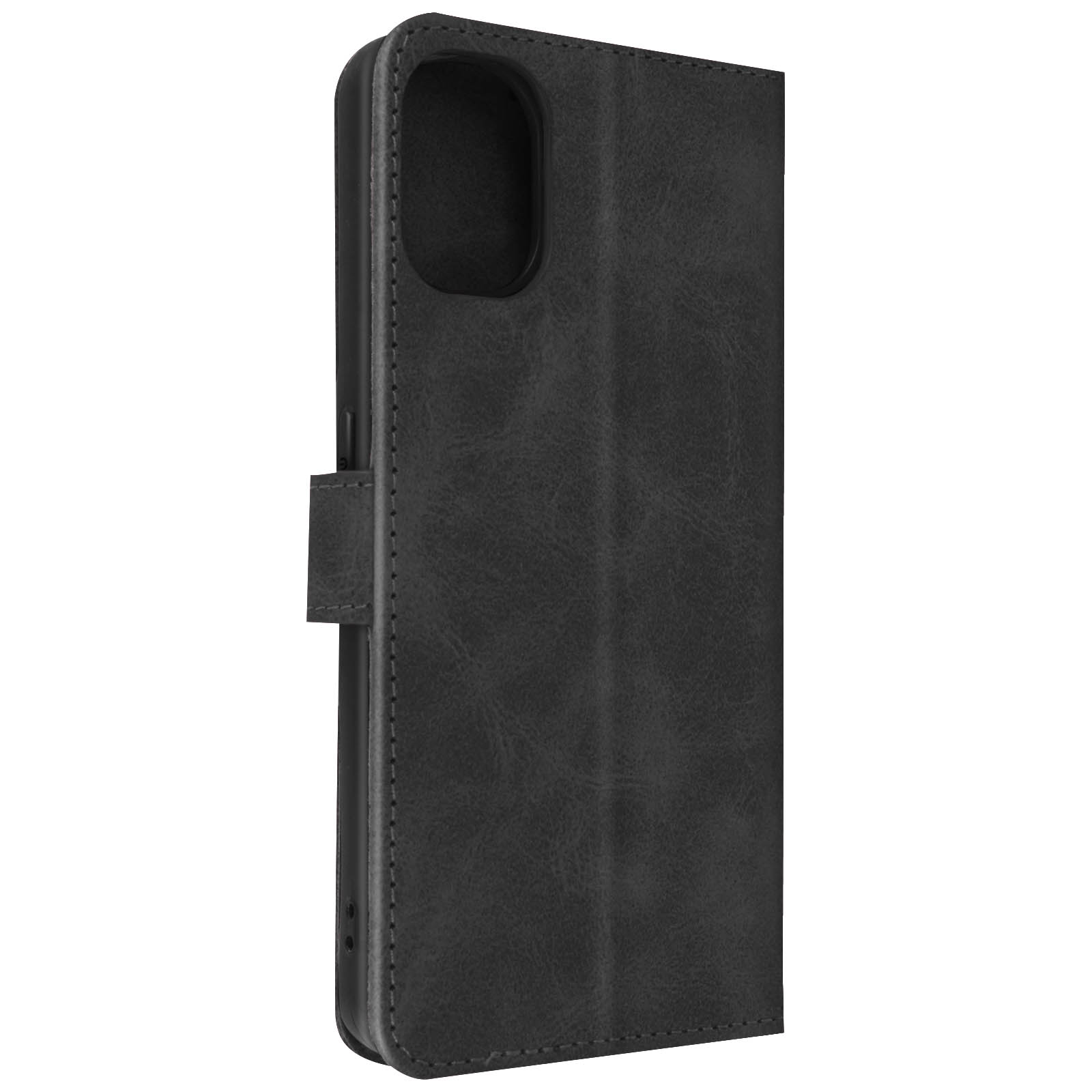 Custodia per telefono in pelle nera, chiusa, con chiusura magnetica. Presenta un ritaglio per la fotocamera.