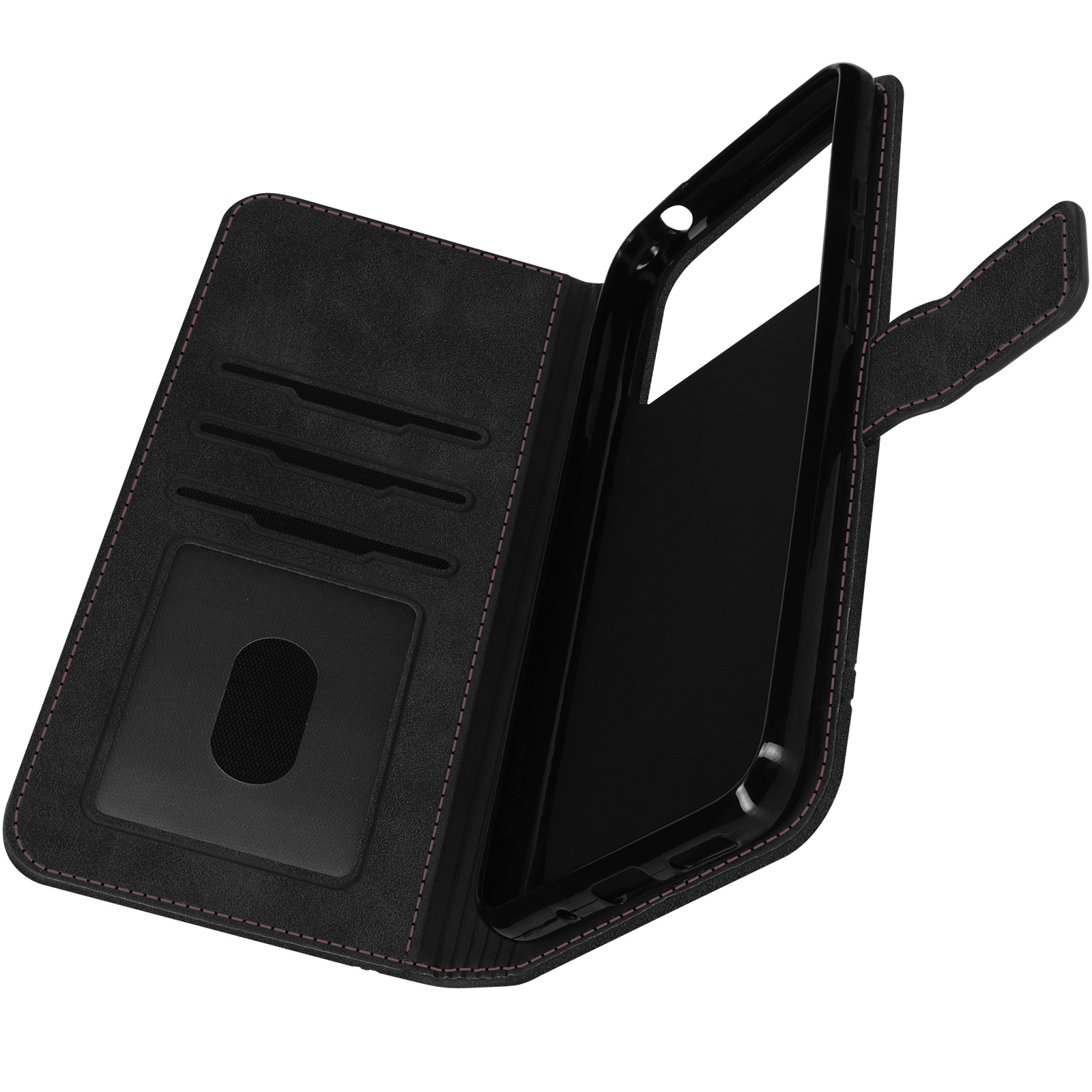 Custodia nera per telefono, aperta. Telefono dentro, fessure per carte visibili. Cuciture marroni.