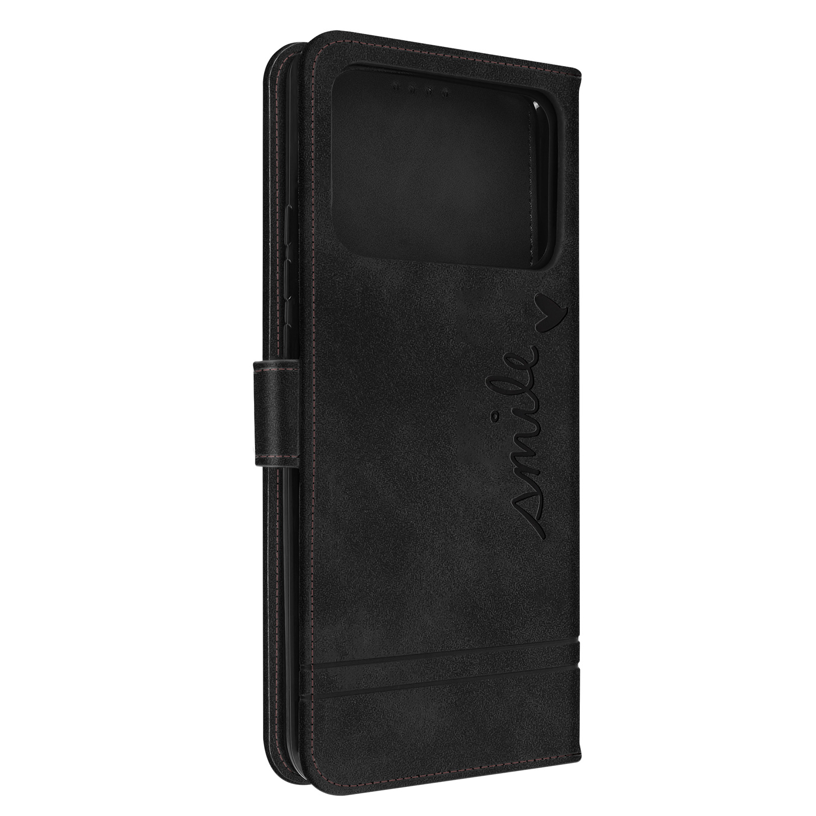 Custodia per telefono in pelle nera con scritta 'smile'. Ha una chiusura magnetica.