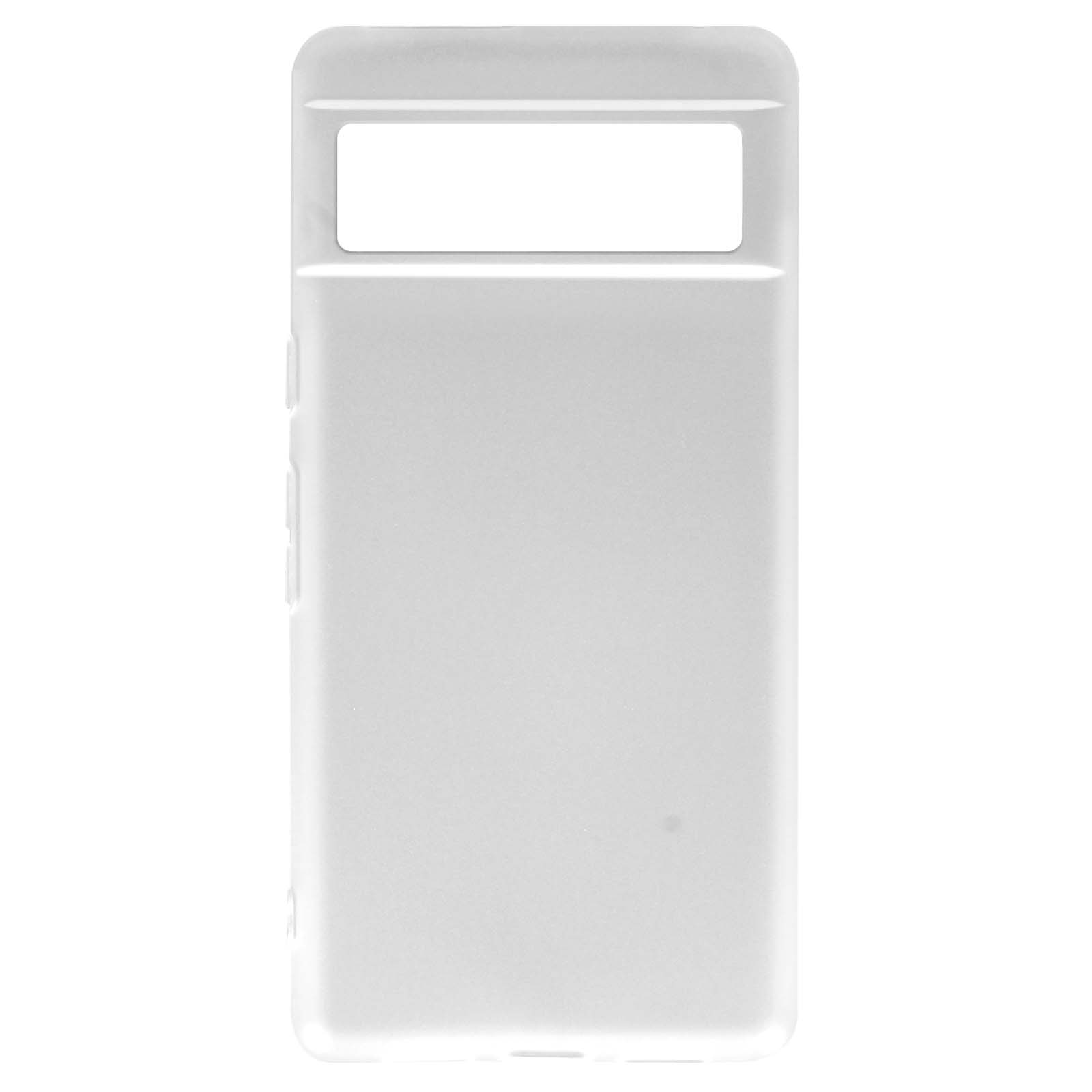 Custodia trasparente per telefono. Forma rettangolare con ritaglio per fotocamera e apertura superiore.