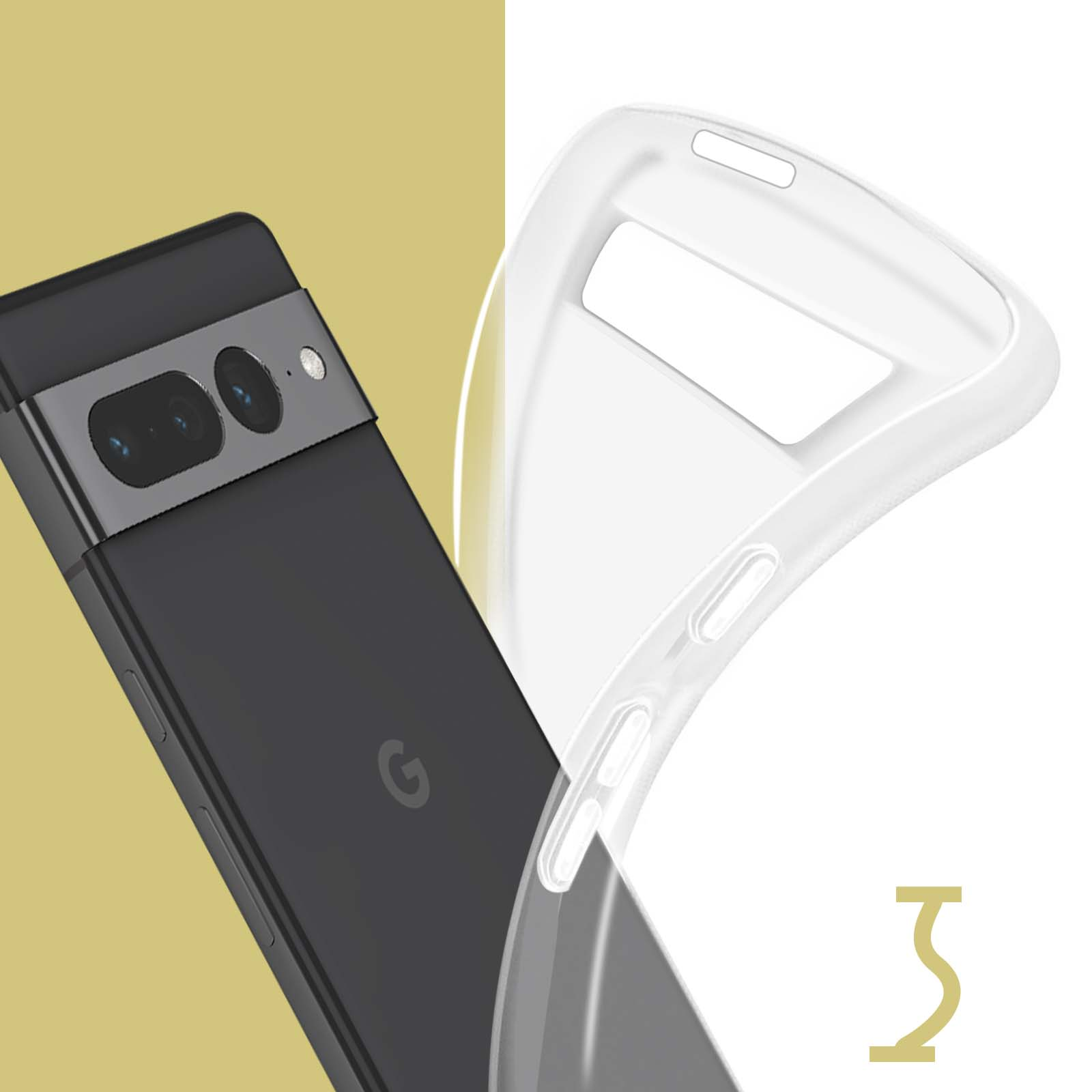 Un telefono nero accanto a una custodia trasparente. Il telefono ha una barra della fotocamera e la custodia è vuota.