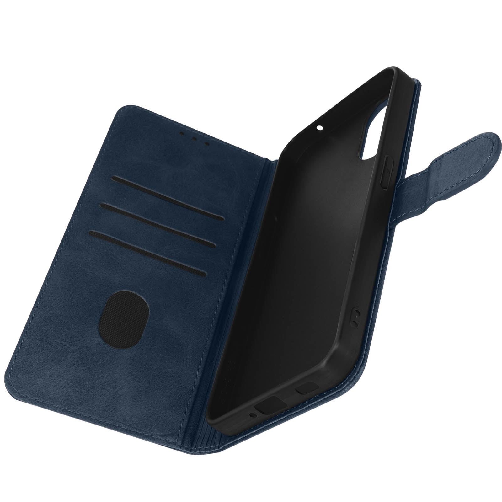 Geöffnete blaue Handyhülle, die den Telefonhalter zeigt, mit Kartenschlitzen links sichtbar.