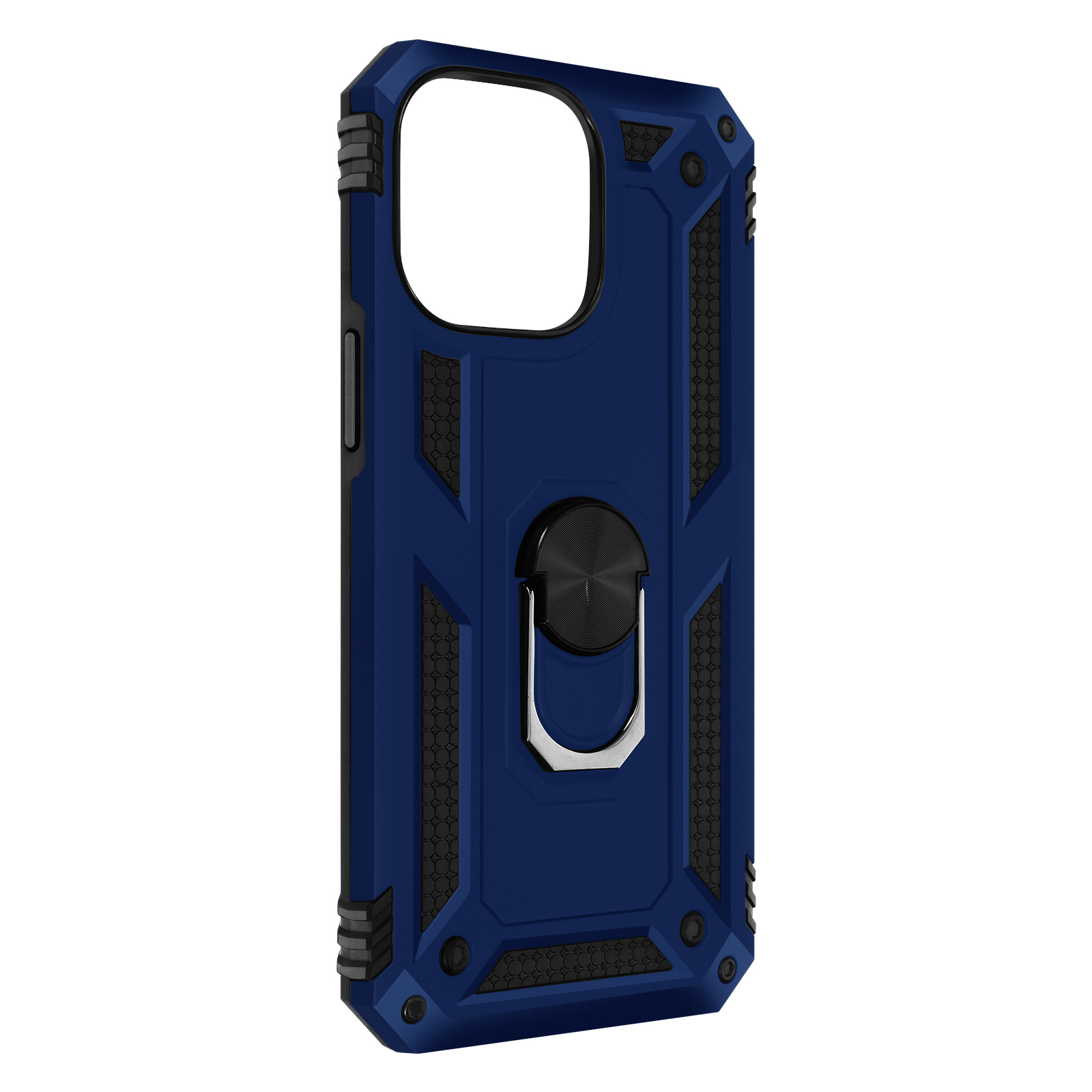 Coque de téléphone bleu marine avec un support d'anneau noir et des accents noirs.