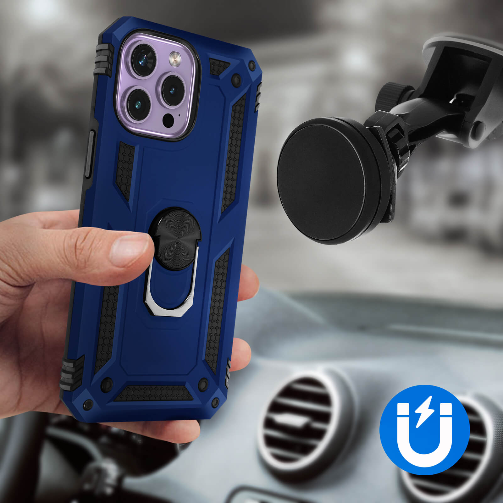Une main tenant une coque de téléphone bleue avec une caméra et un support magnétique pour voiture.