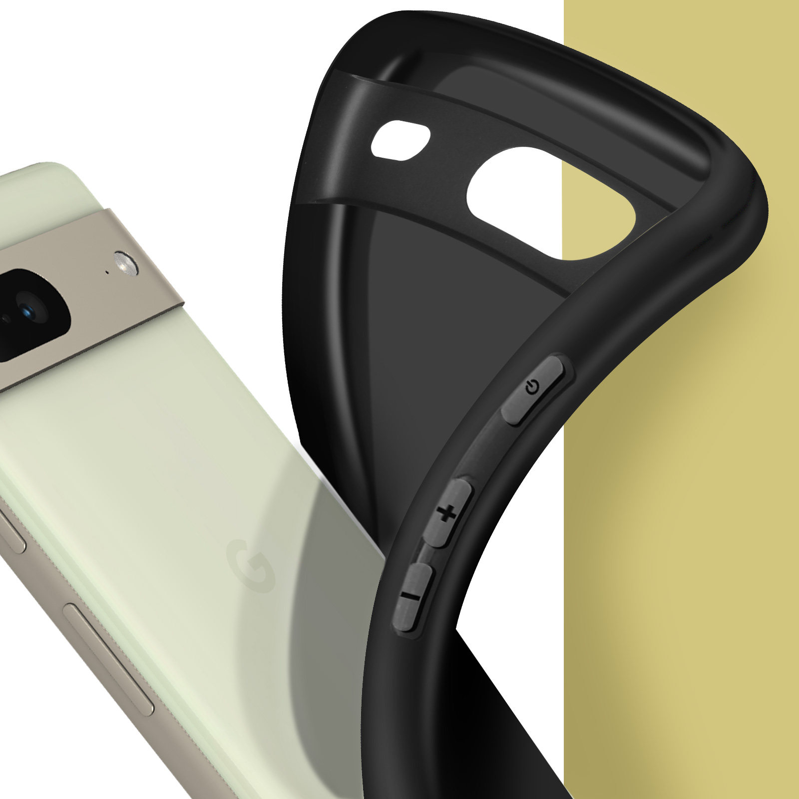 Custodia per telefono con cornice nera e telefono, con dettagli dei pulsanti sul lato e sfondo giallo.