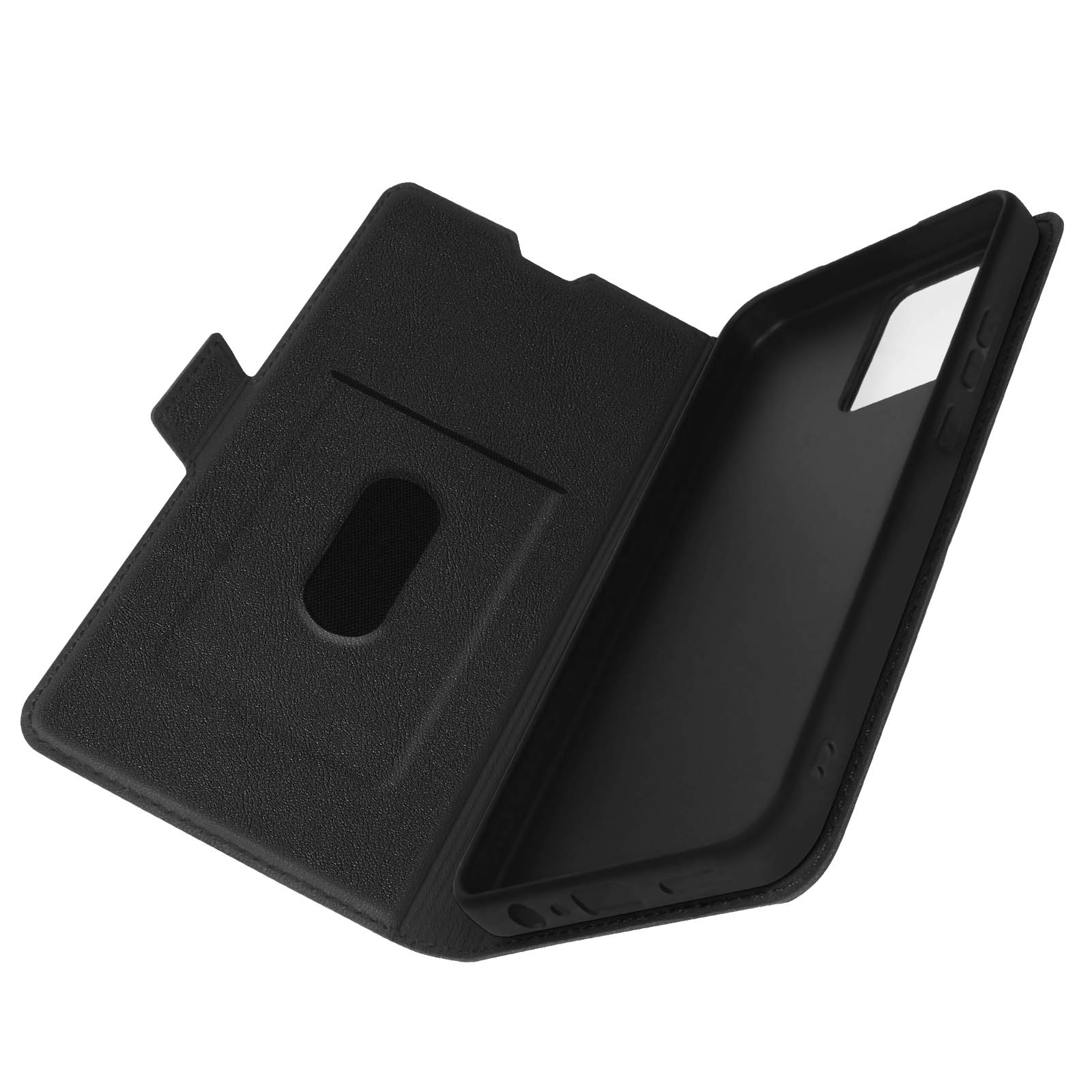 Schwarze Handyhülle, geöffnet, um das Telefon freizulegen. Ein Kartenfach ist links sichtbar. Weißer Hintergrund.