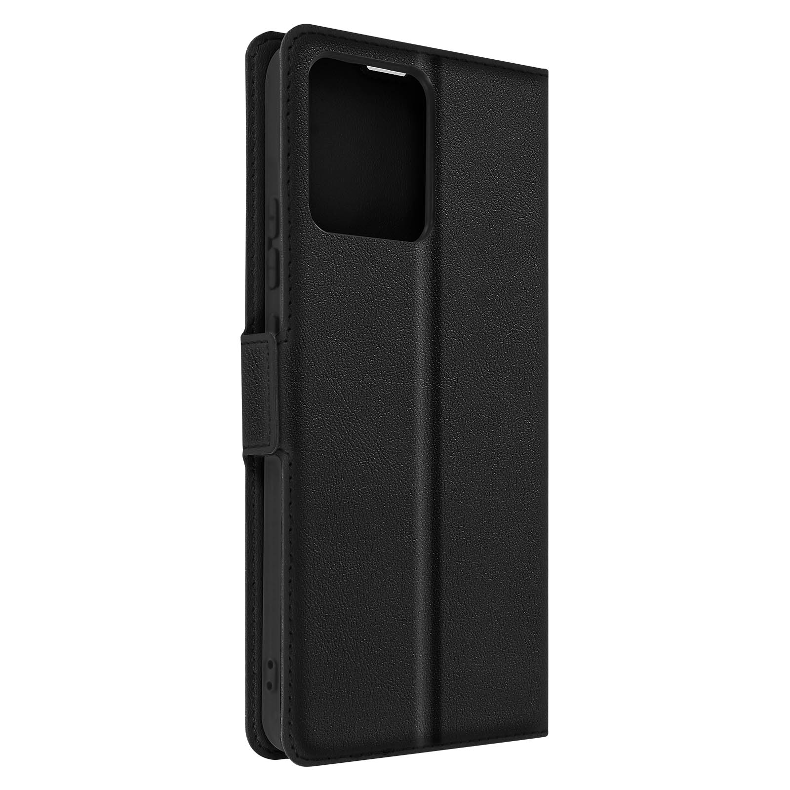 Eine schwarze Handyhülle, geschlossen, auf weißem Hintergrund.