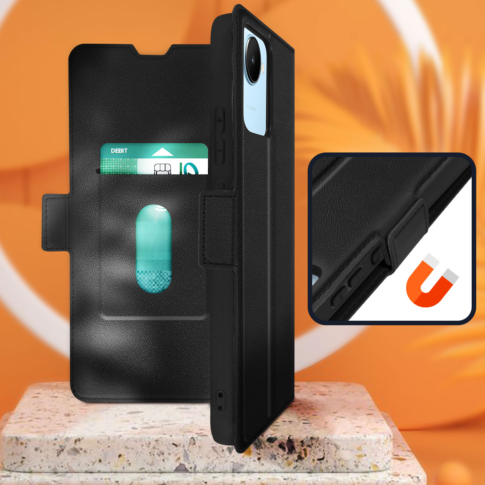 Schwarze Handyhülle mit Kartenfach, Debitkarte und Magnetverschlussdetail. Oranger Hintergrund.
