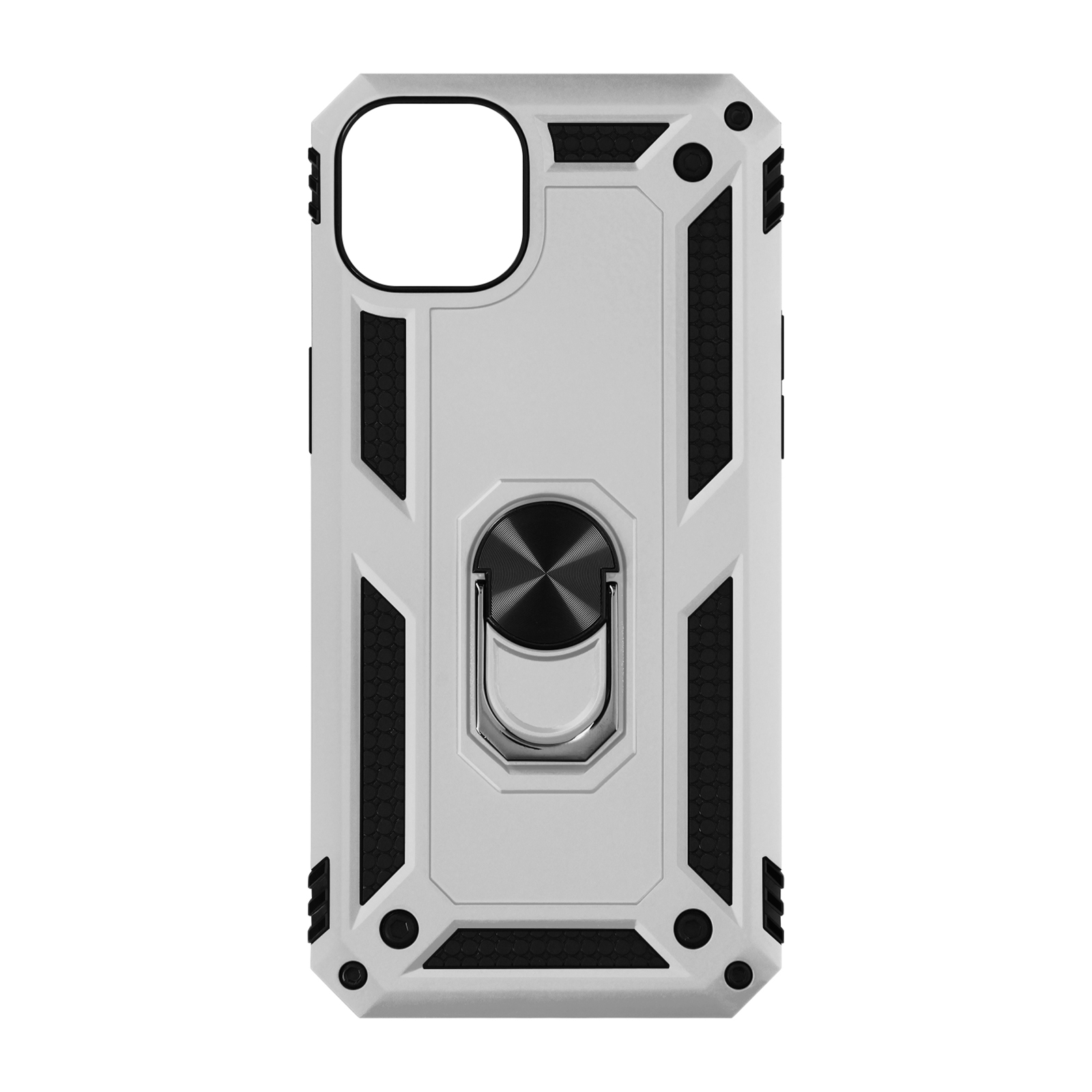 Una custodia per telefono bianca e nera con anello. La custodia è su sfondo bianco. Design esagonale.