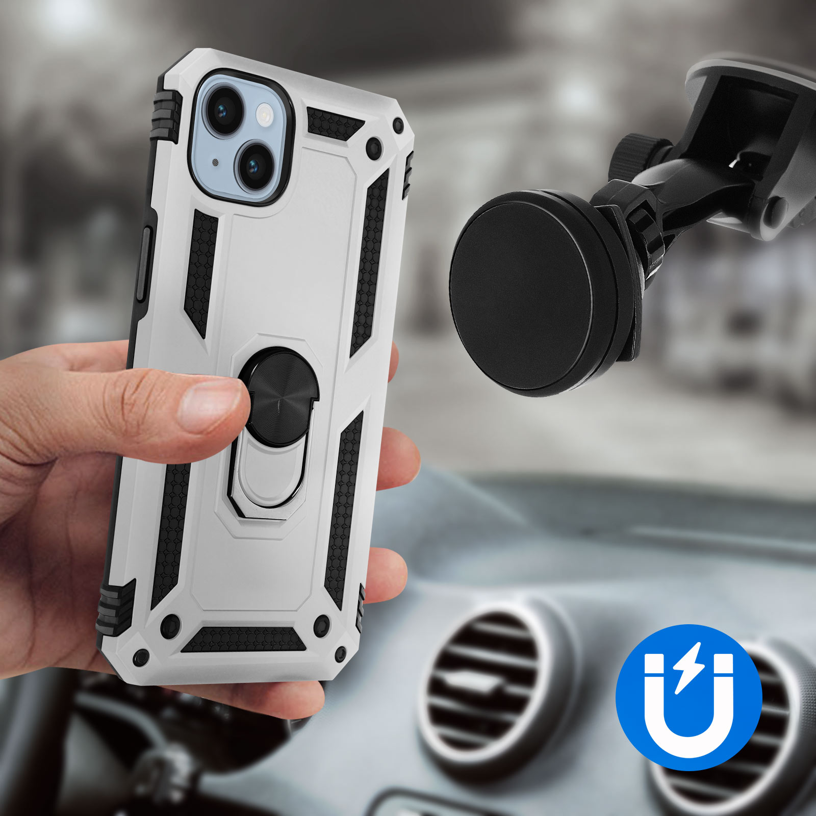 Una custodia bianca per telefono con anello su un supporto per telefono da auto.