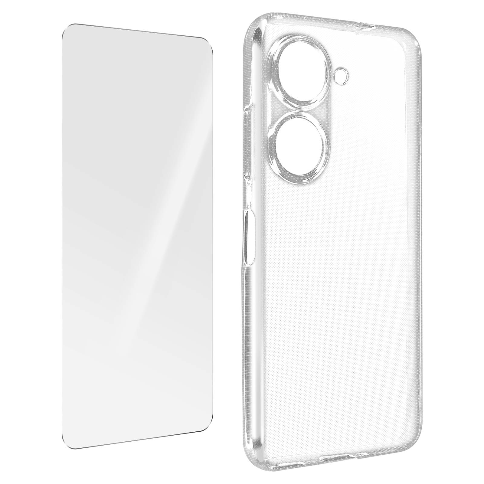 Transparante schermbeschermer en hoesje voor de telefoon. Het hoesje heeft twee gaten.