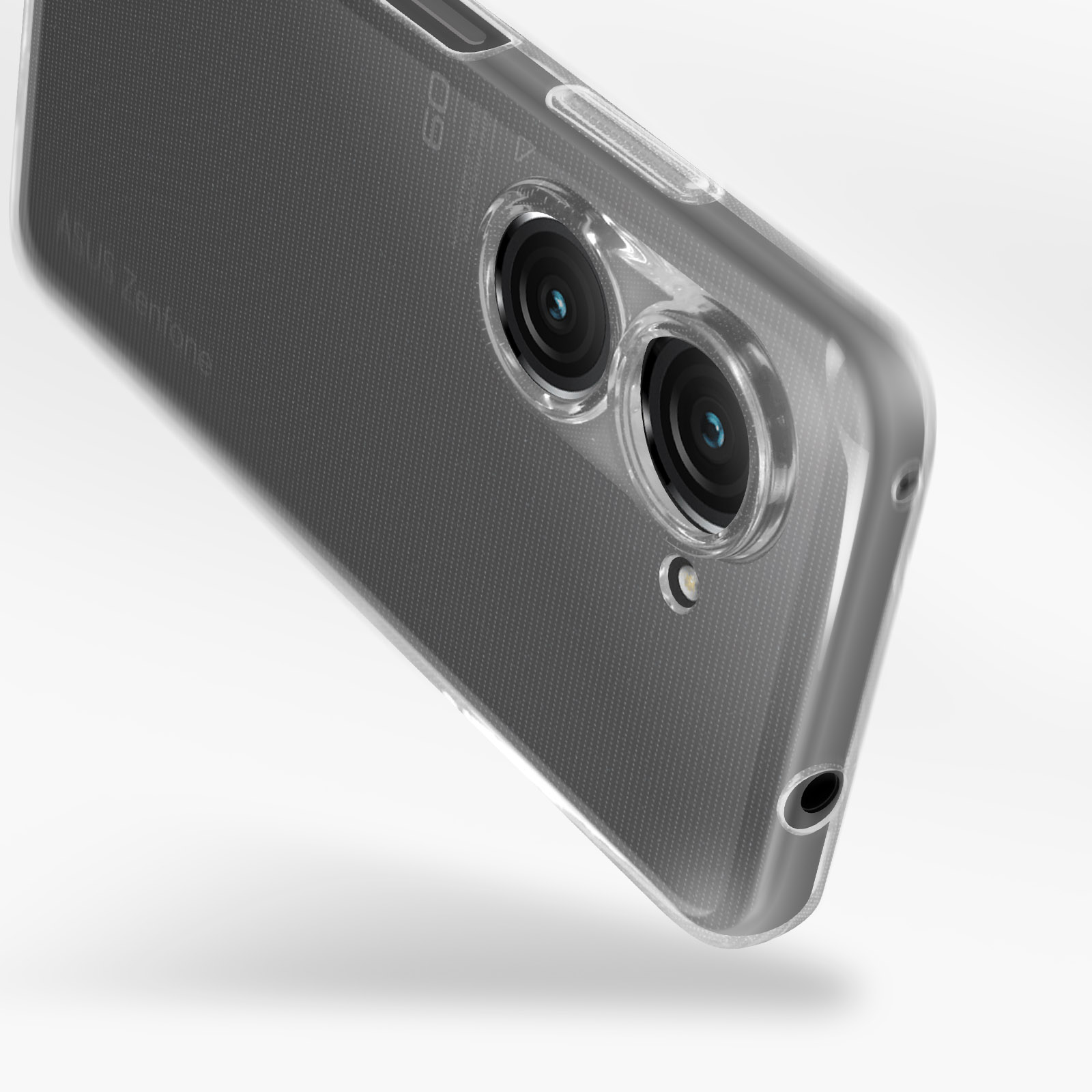 Een doorzichtige telefoonhoes. De hoes is ontworpen voor een telefoon met twee camera's.