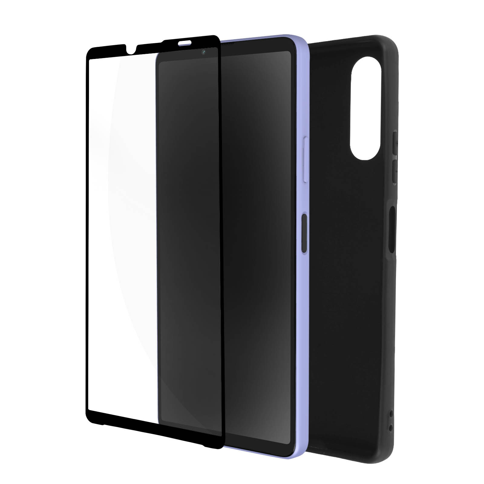 Smartphone avec protecteur d'écran, étui et écran en couches. Le téléphone est de couleur lavande.