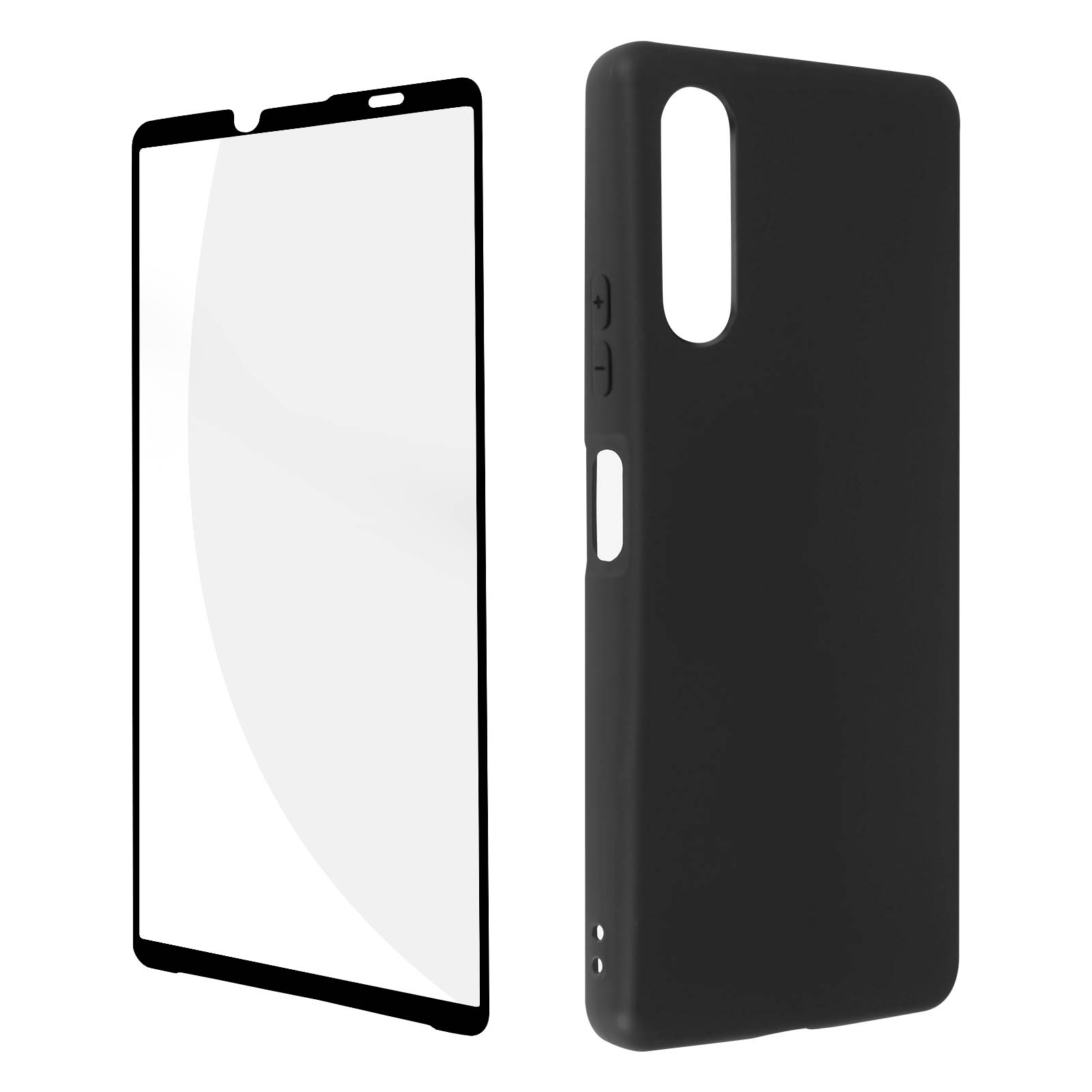 Coque de téléphone noire et protecteur d'écran. Le protecteur est détaché, montrant la coque du téléphone.