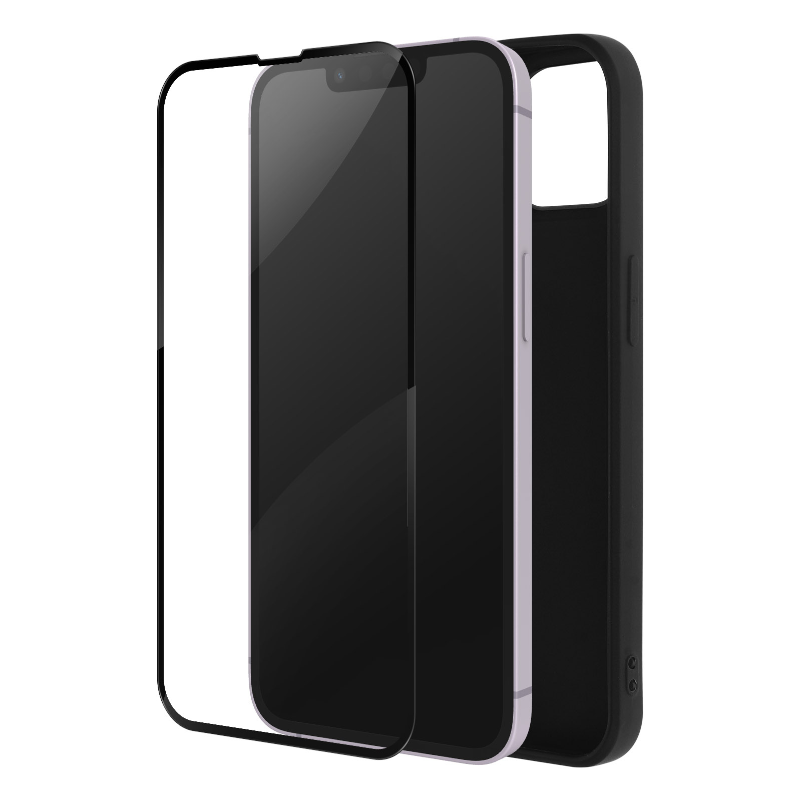 Un iPhone 13 pro nero con protezione schermo, custodia e schermo, tutti separati.