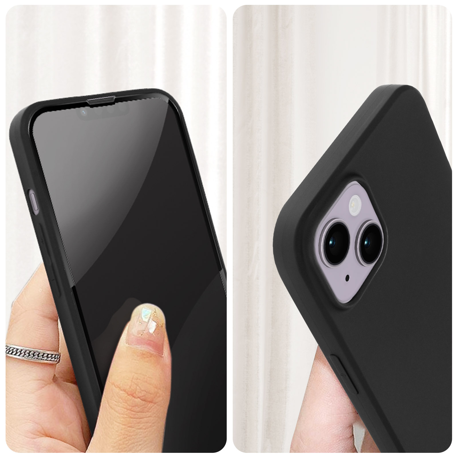 Due foto di un telefono nero con protezione schermo, tenuto in mano e con una custodia.