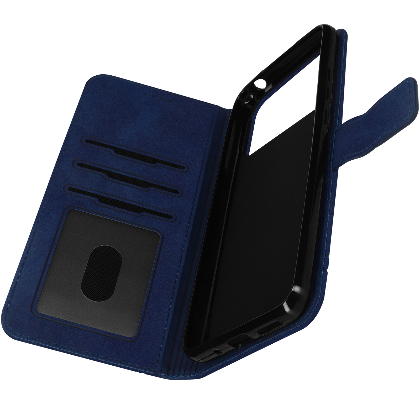 Custodia blu per telefono aperta. Telefono all'interno. Slot per schede. Sfondo bianco.