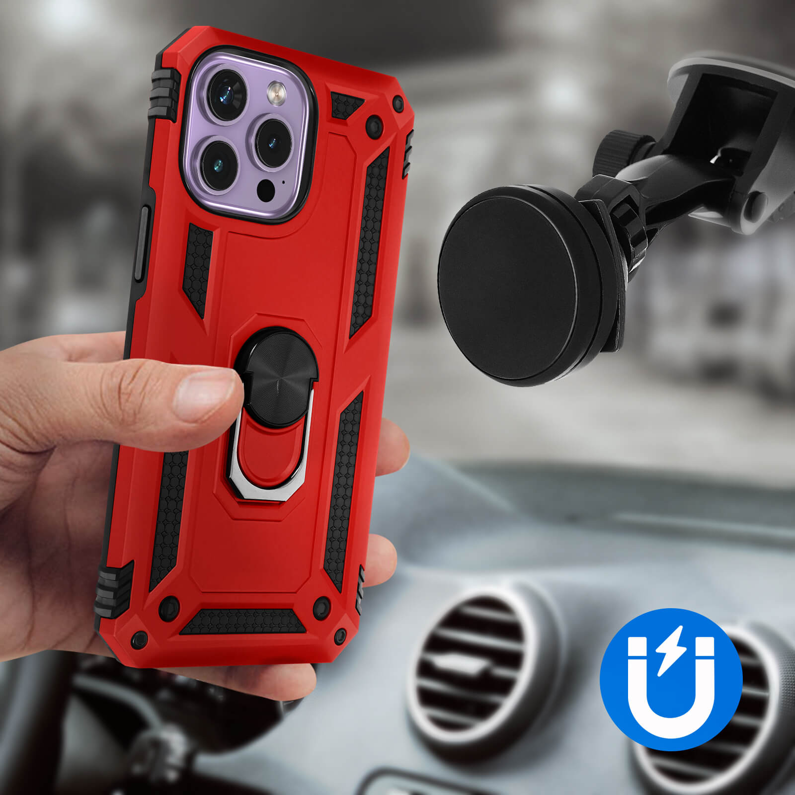 Rode telefoonhoes met een zwart frame en een ringhouder. De hoes is gemonteerd op een autodashboard.