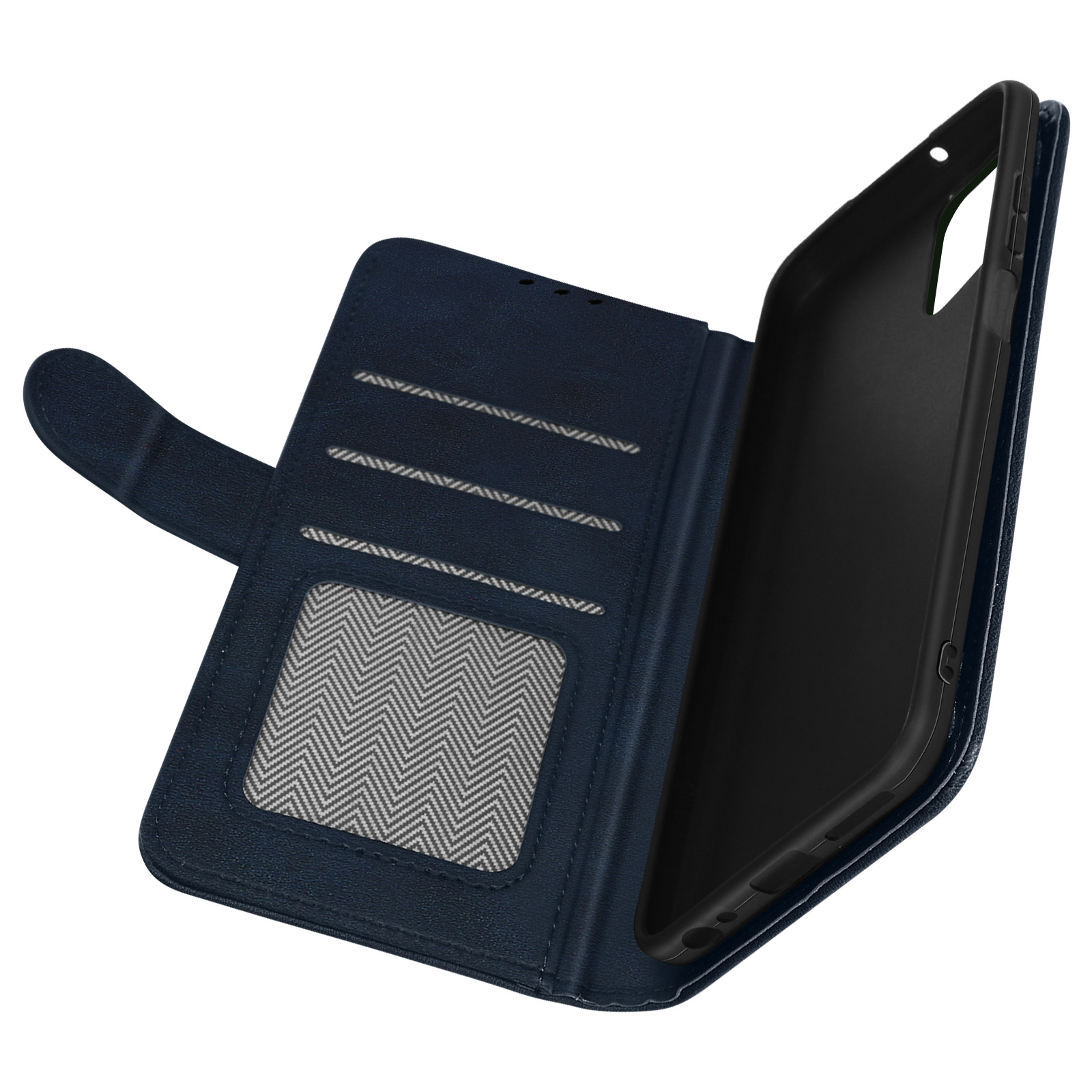 Blaue Handyhülle, geöffnet. Telefon darin. Wallet-Design. Weißer Hintergrund.