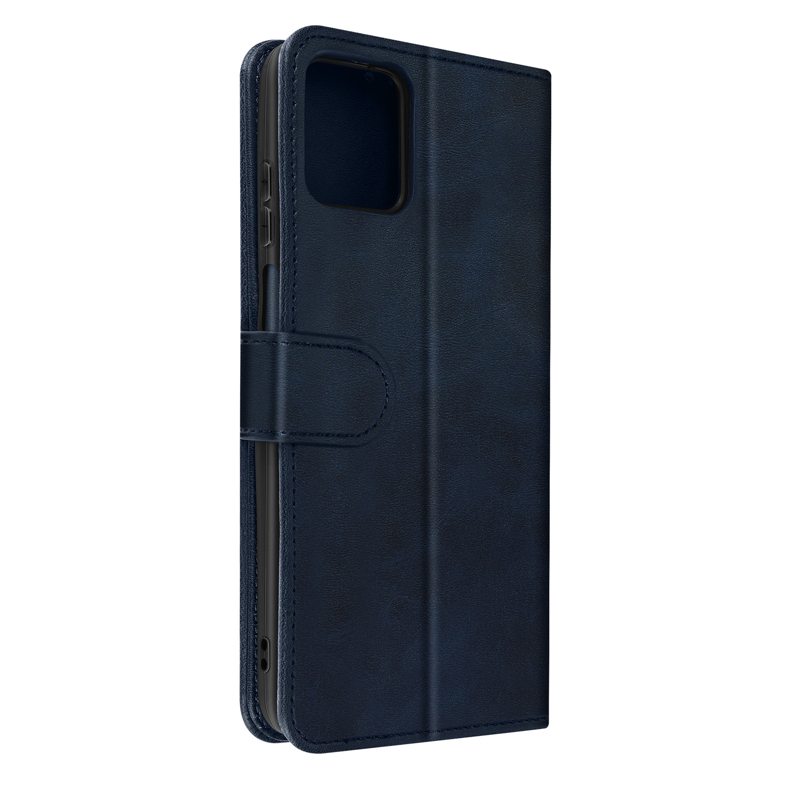 Geschlossene blaue Leder-Handyhülle mit Magnetverschluss. Telefon ist innen.
