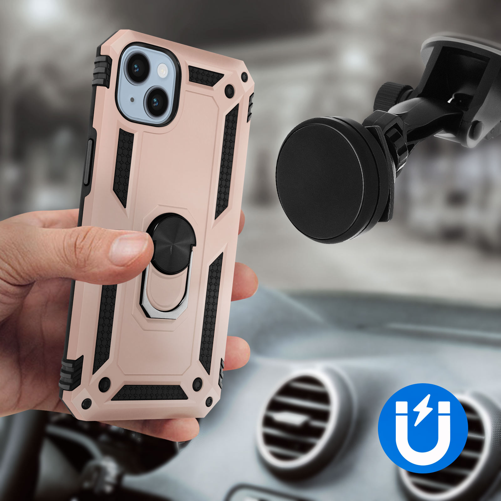 Un telefono in una custodia rosa con un supporto ad anello è tenuto vicino a un supporto per auto.