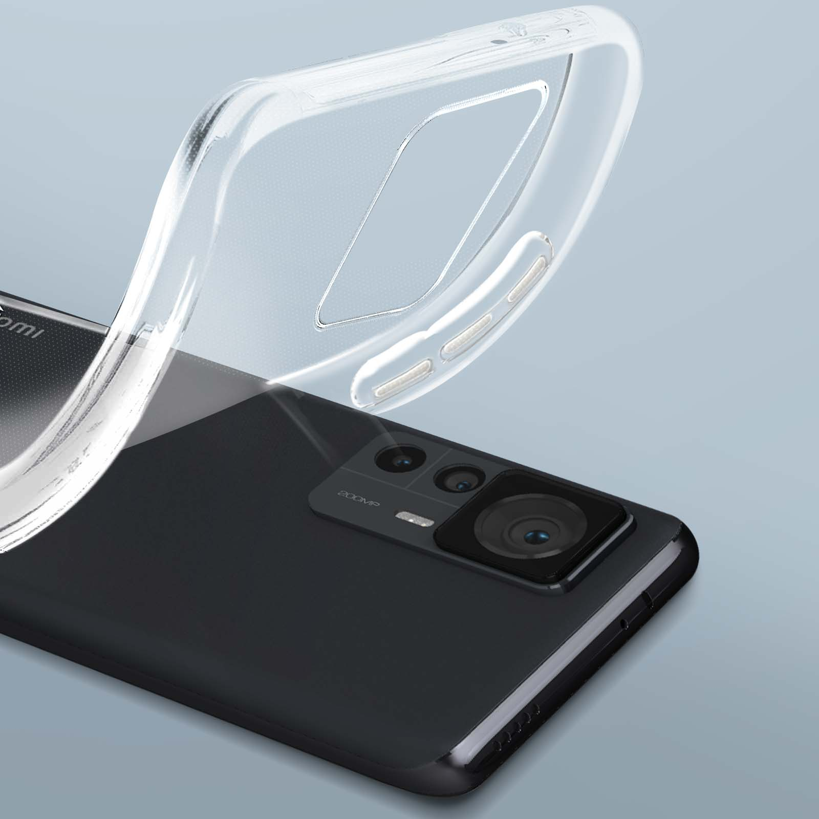 Una custodia trasparente viene rimossa da un telefono nero con una fotocamera da 200MP visibile.