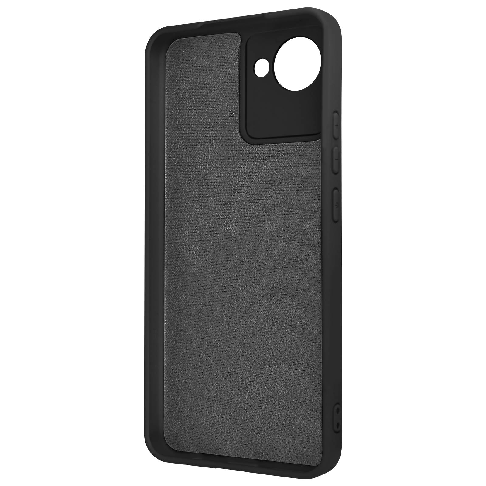 Interno di custodia per telefono nera con toppa grigia strutturata e foro per fotocamera.
