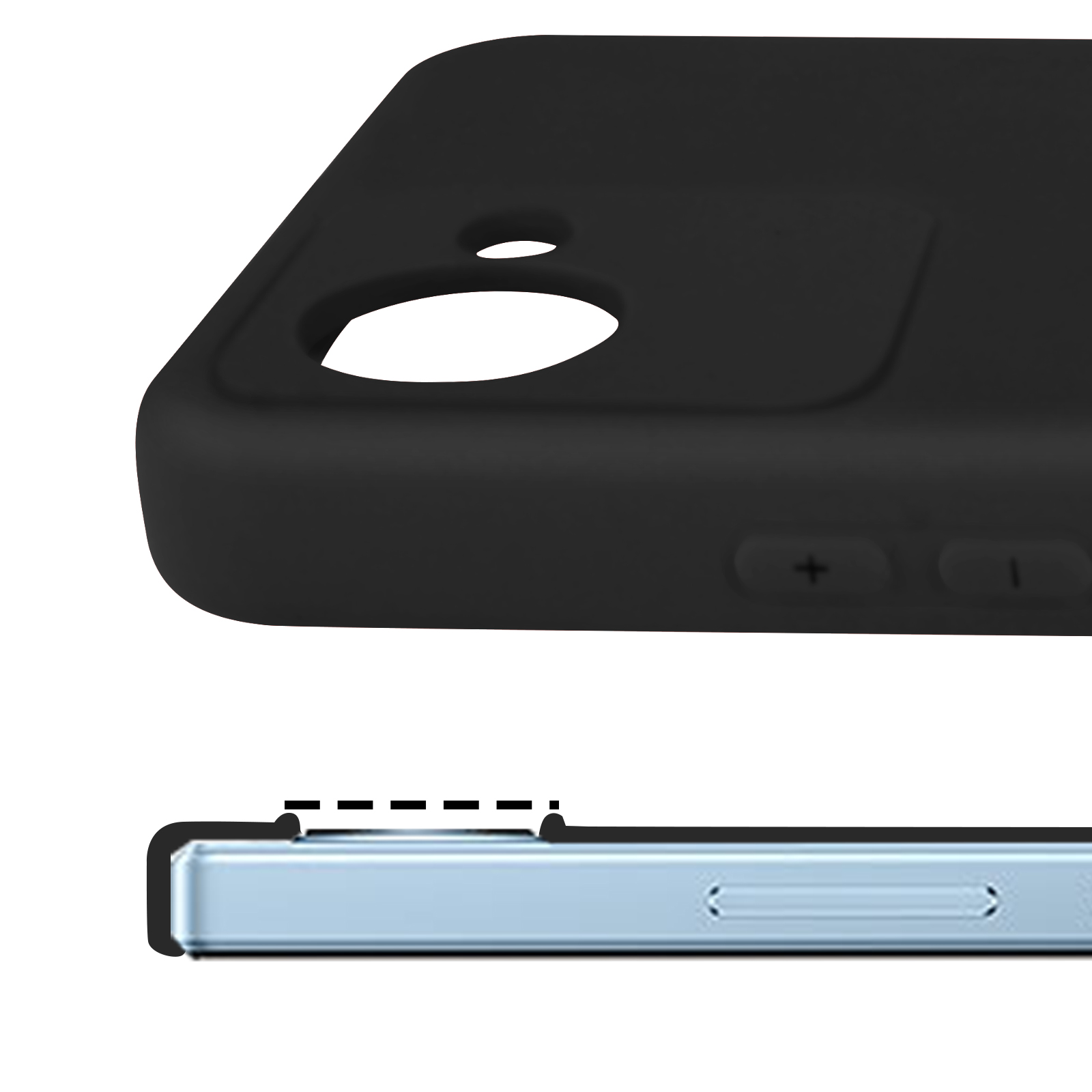Primo piano di una custodia nera con pulsanti e un telefono blu.