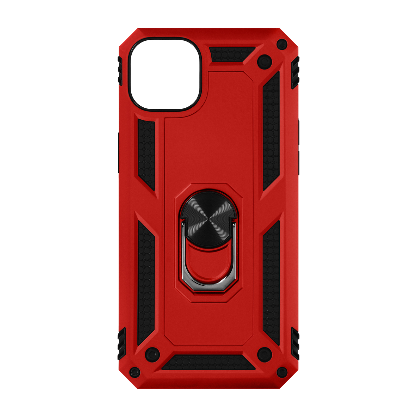 Coque de téléphone rouge. Design noir et rouge. Support d'anneau. Fond blanc.