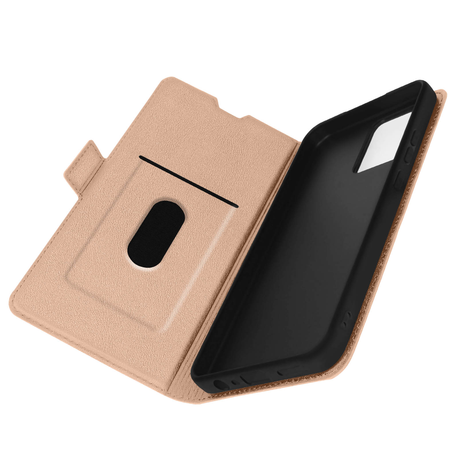Geöffnete beige Handyhülle mit schwarzem Innenraum und Kartenfach.