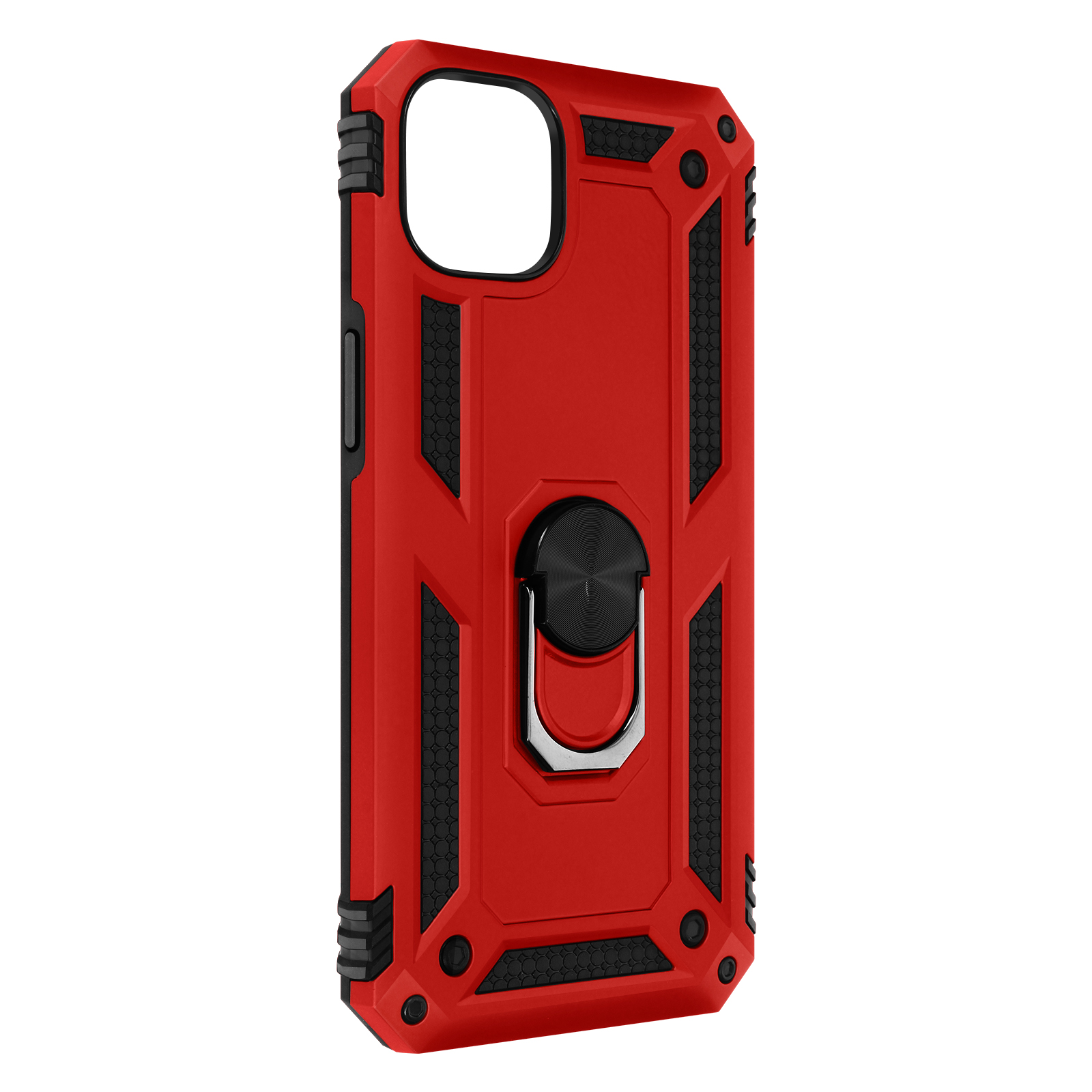 Coque de téléphone rouge avec anneau de maintien, détails noirs, sur fond blanc.