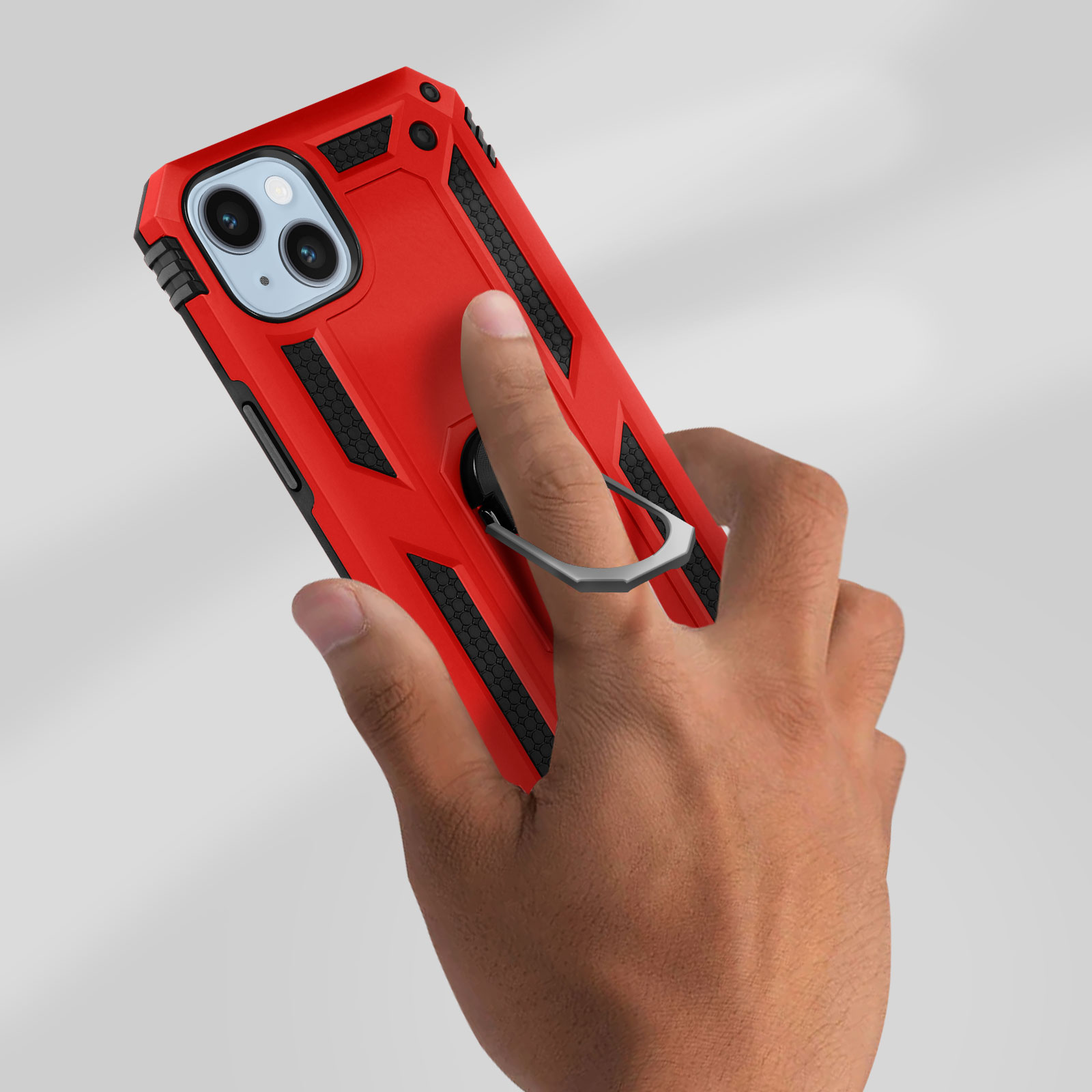 Une coque de téléphone rouge avec des accents noirs et un porte-anneau. Une main tient la coque.