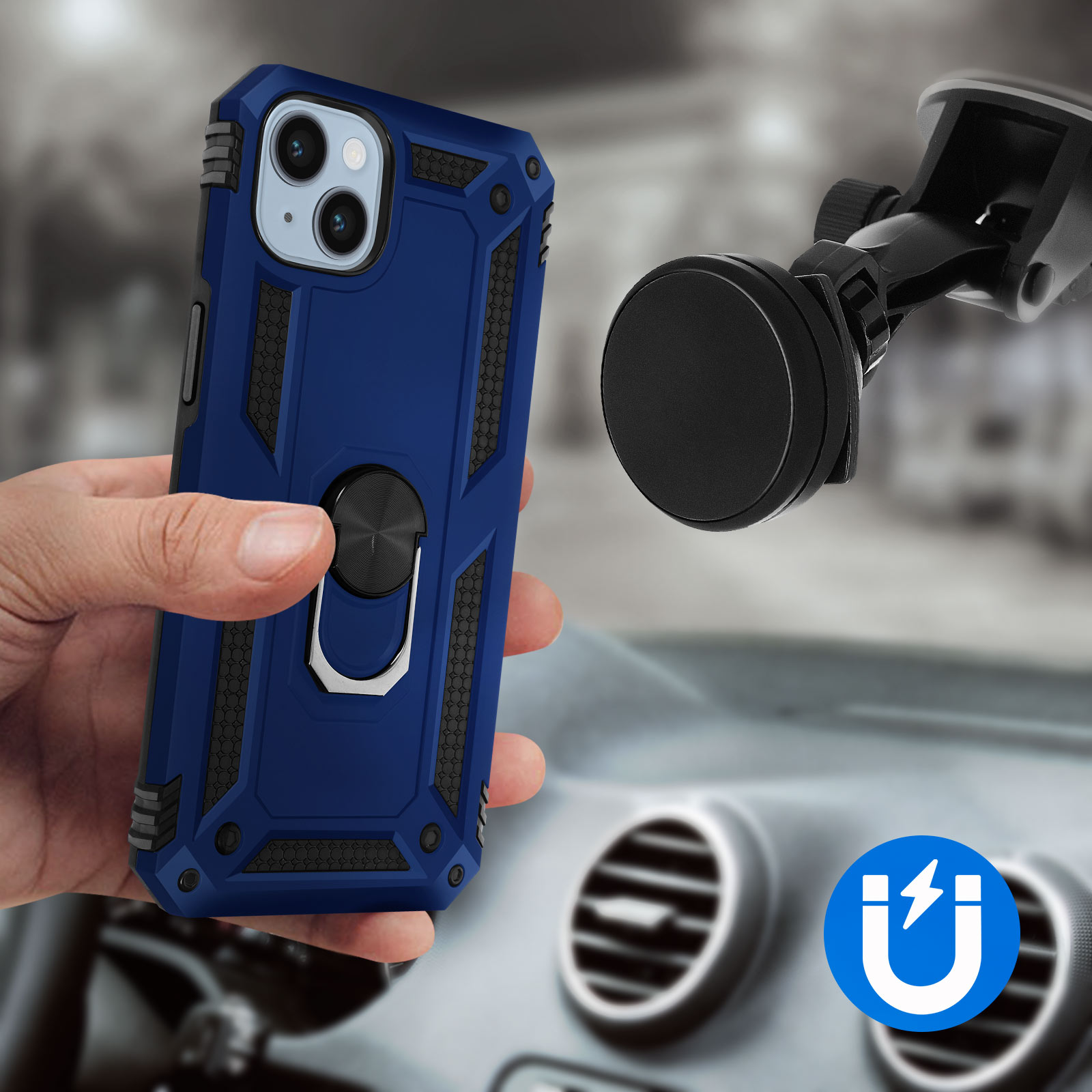 Custodia blu per telefono con supporto ad anello nero. Il telefono è nella custodia.