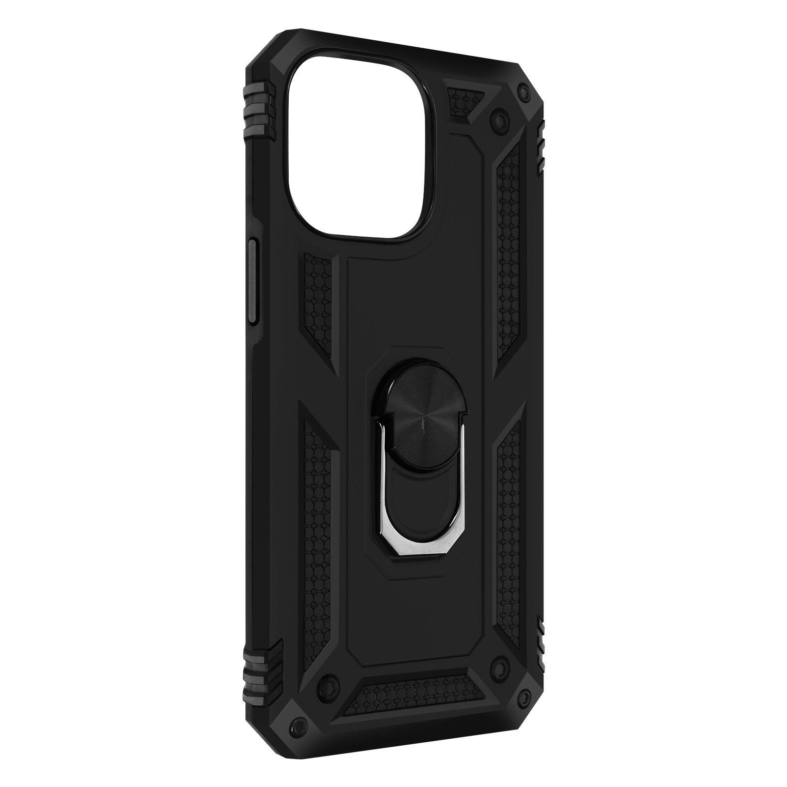 Coque de téléphone noire avec anneau. Elle a un design texturé.