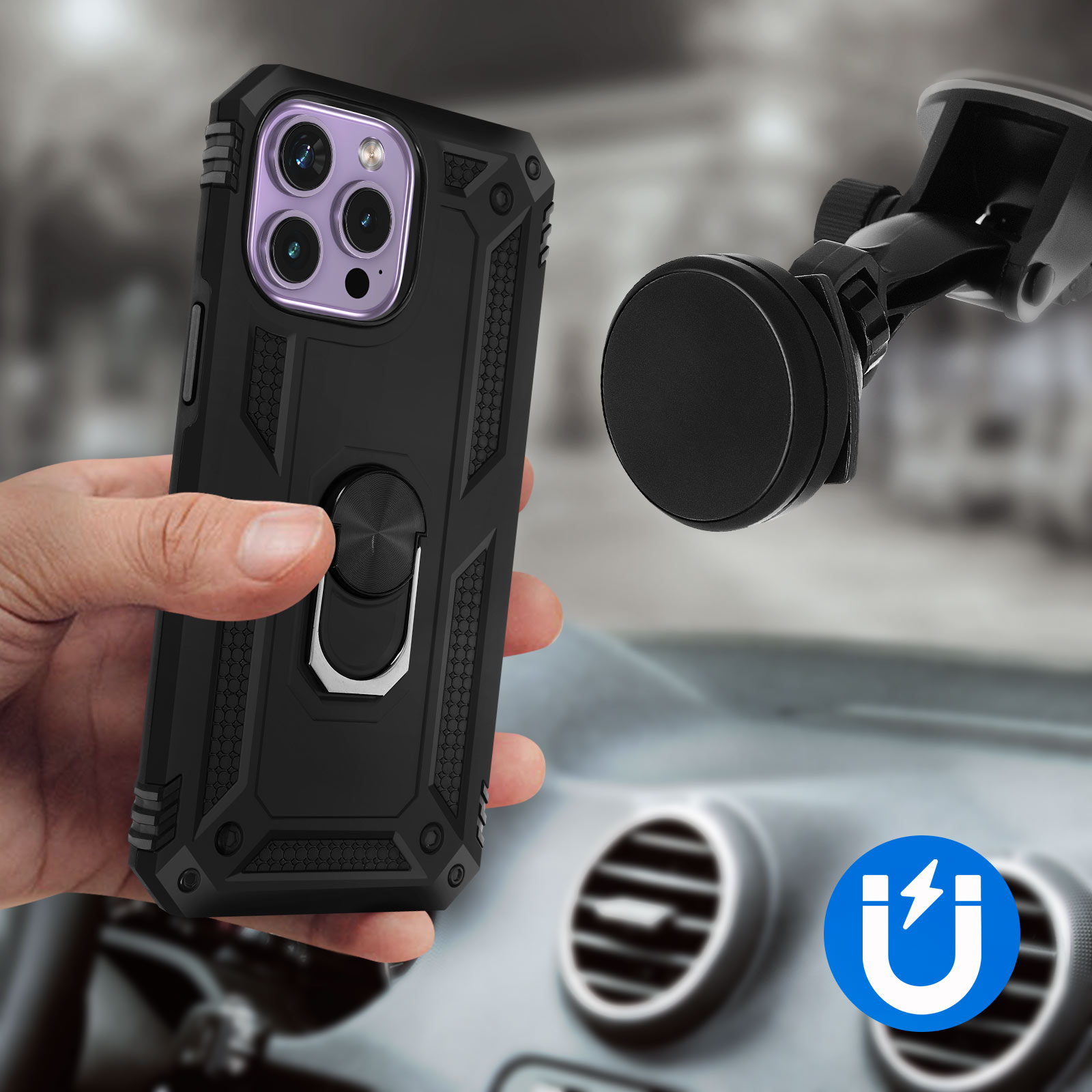 Custodia nera per telefono con anello, tenuta vicino al cruscotto di un'auto e un supporto magnetico.