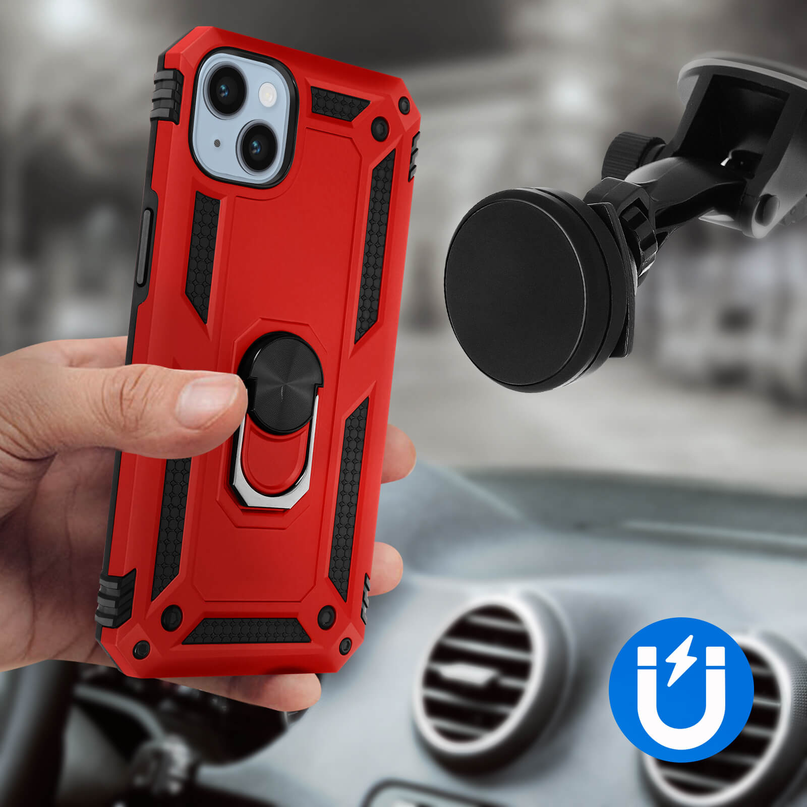 Main tenant une coque de téléphone rouge dans une voiture. Support magnétique visible, avec symbole d'aimant.