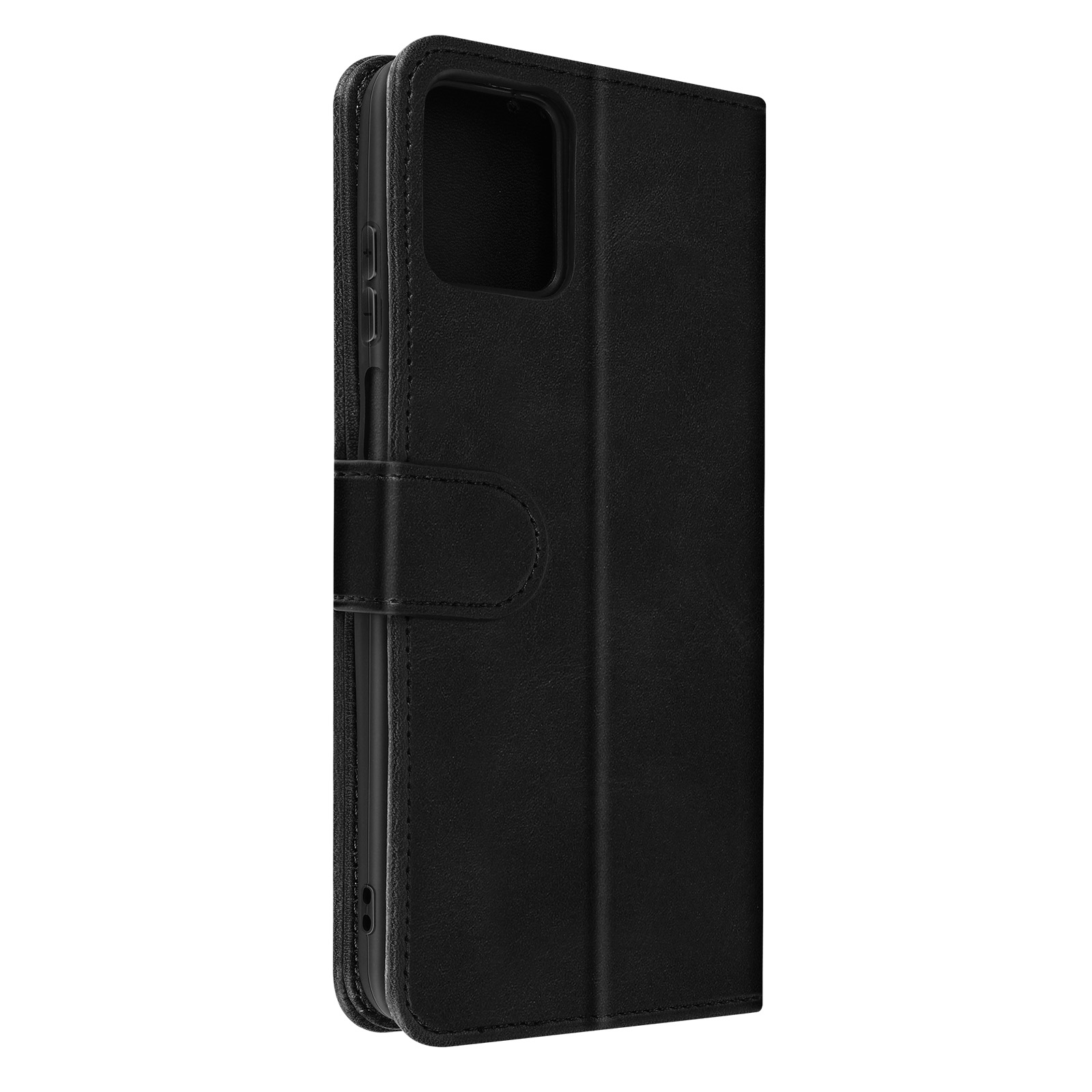 Custodia per telefono nera, chiusa, con un pulsante. Sfondo bianco.