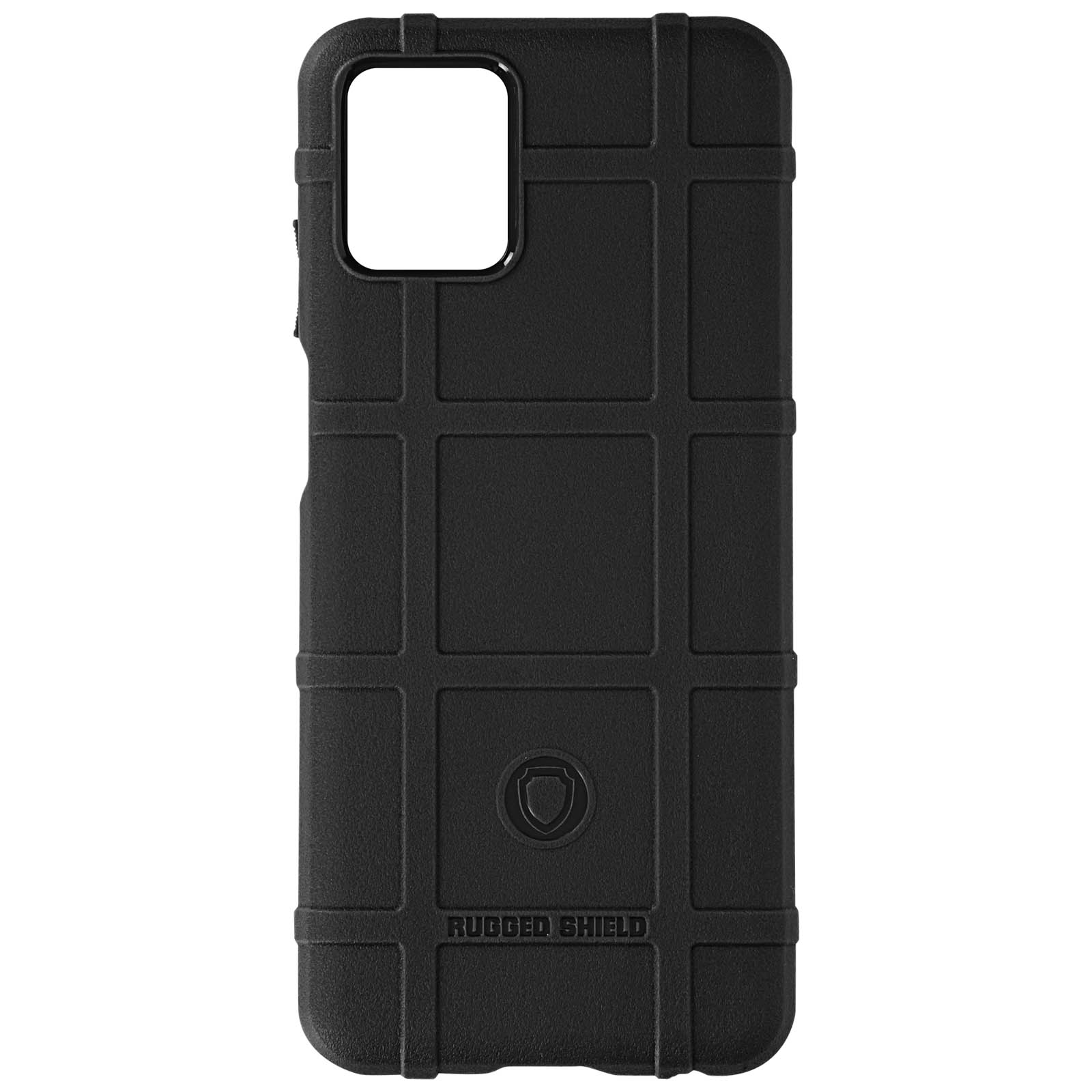 Custodia nera per telefono. Motivo a griglia. Marchio Rugged Shield in basso.