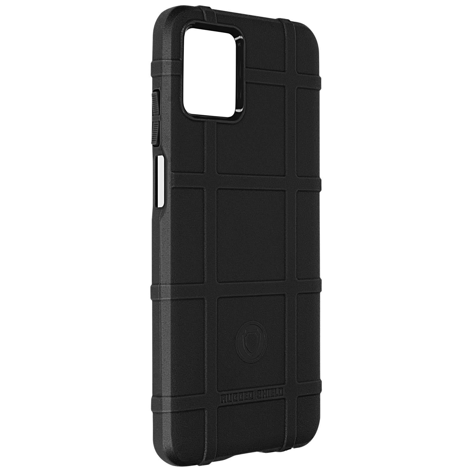Custodia per telefono nera, strutturata con motivo a griglia, pulsanti laterali e logo Rugged Shield.