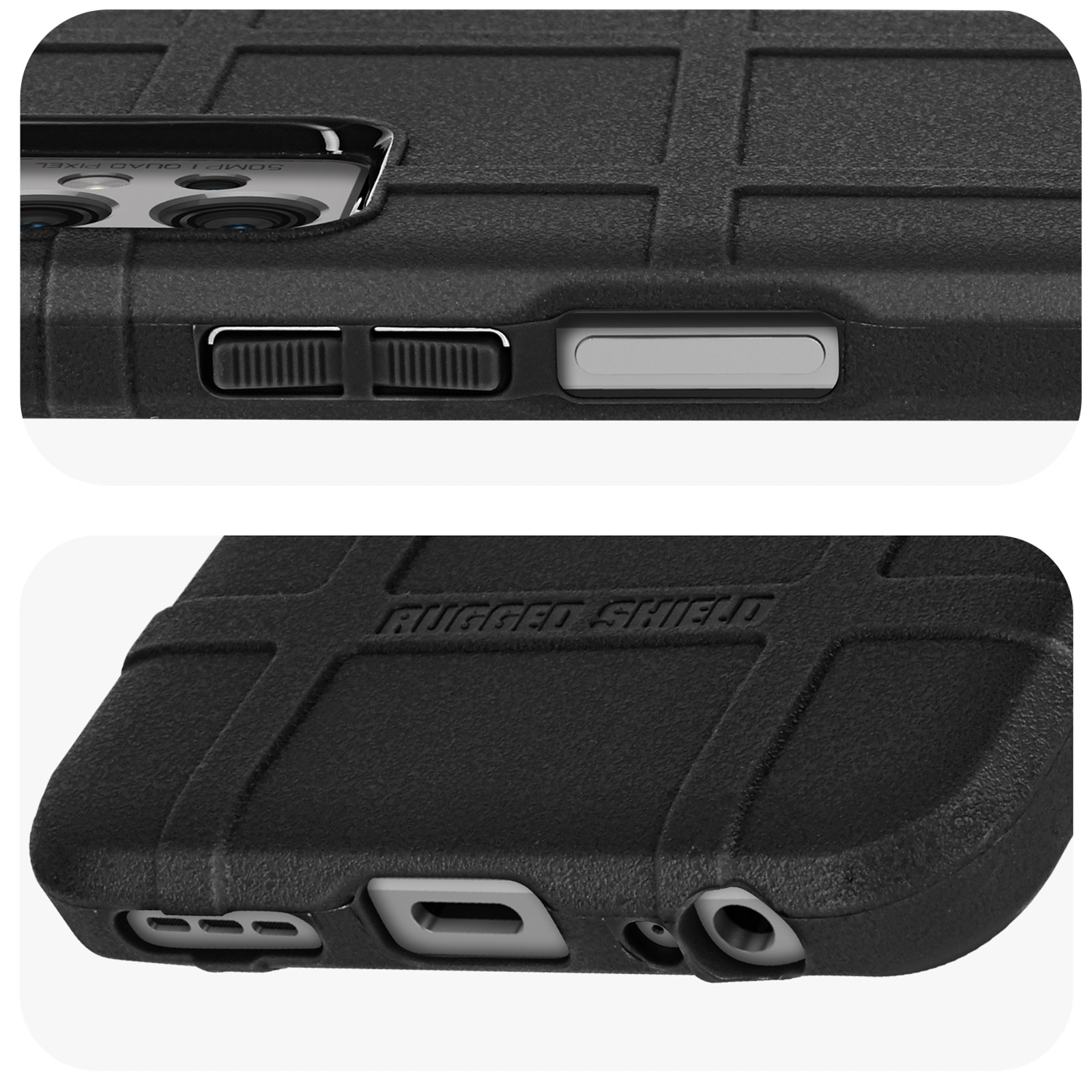 Primo piano di una custodia nera per telefono con pulsanti e aperture per le porte. Design robusto.