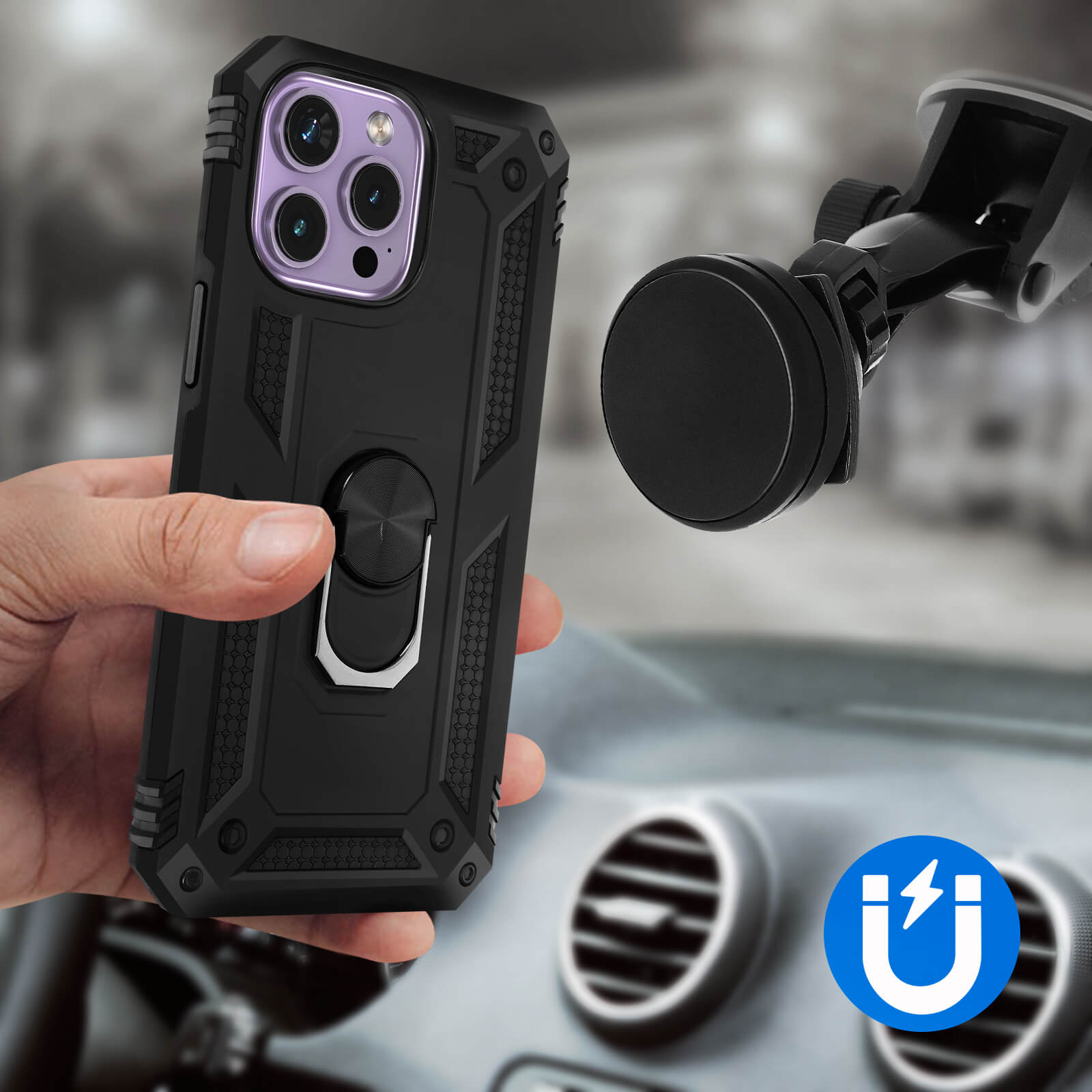 Coque de téléphone noire sur le tableau de bord d'une voiture avec support magnétique. Icône aimant.
